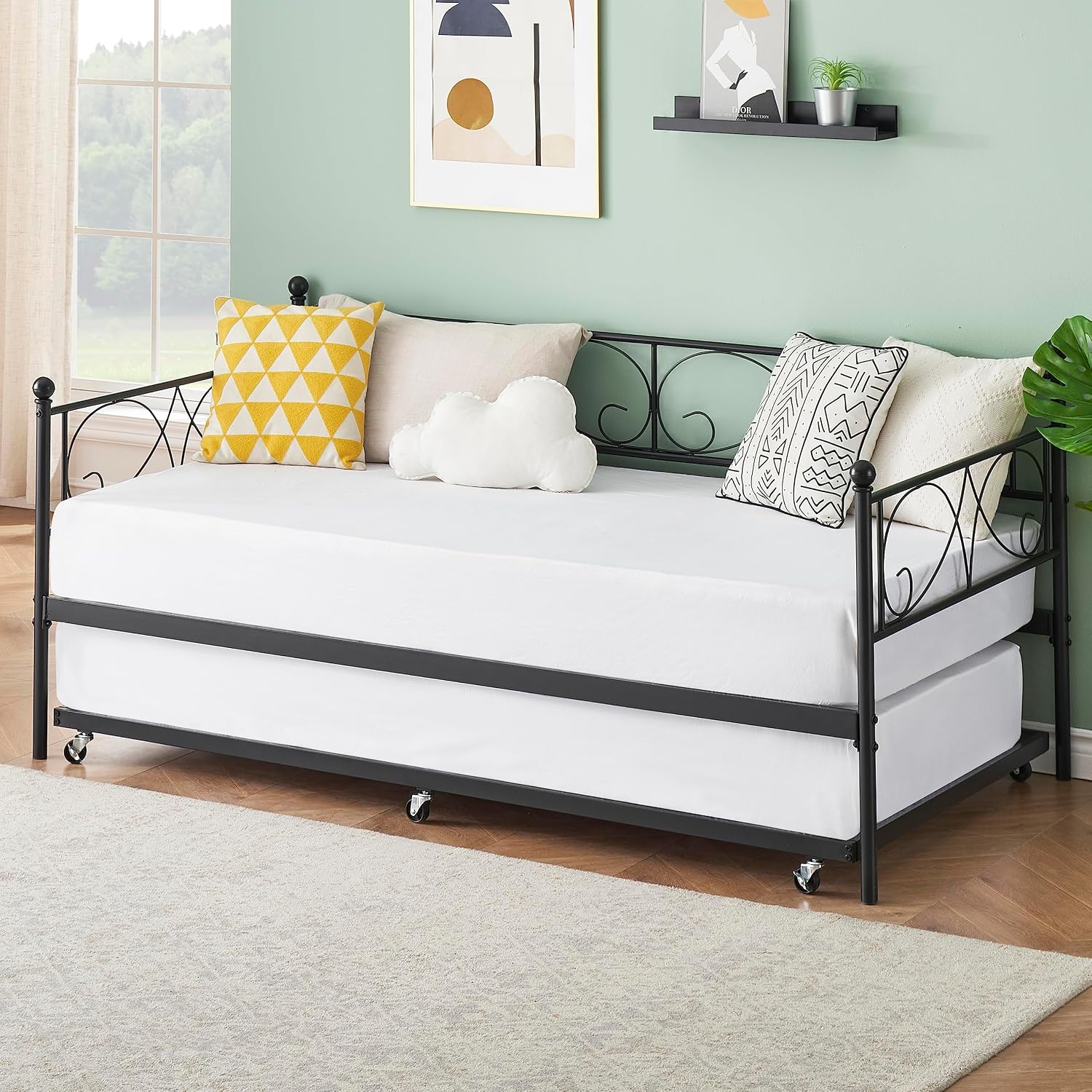 TrailBlaze Modern Space-Saving Twin Metal Daybed with Trundle - Heavy Duty Frame, Stylish Curved Floral Headboard, No Box Spring Needed, Perfect for Bedroom, Living Room, Guest Room - Black Suit, One