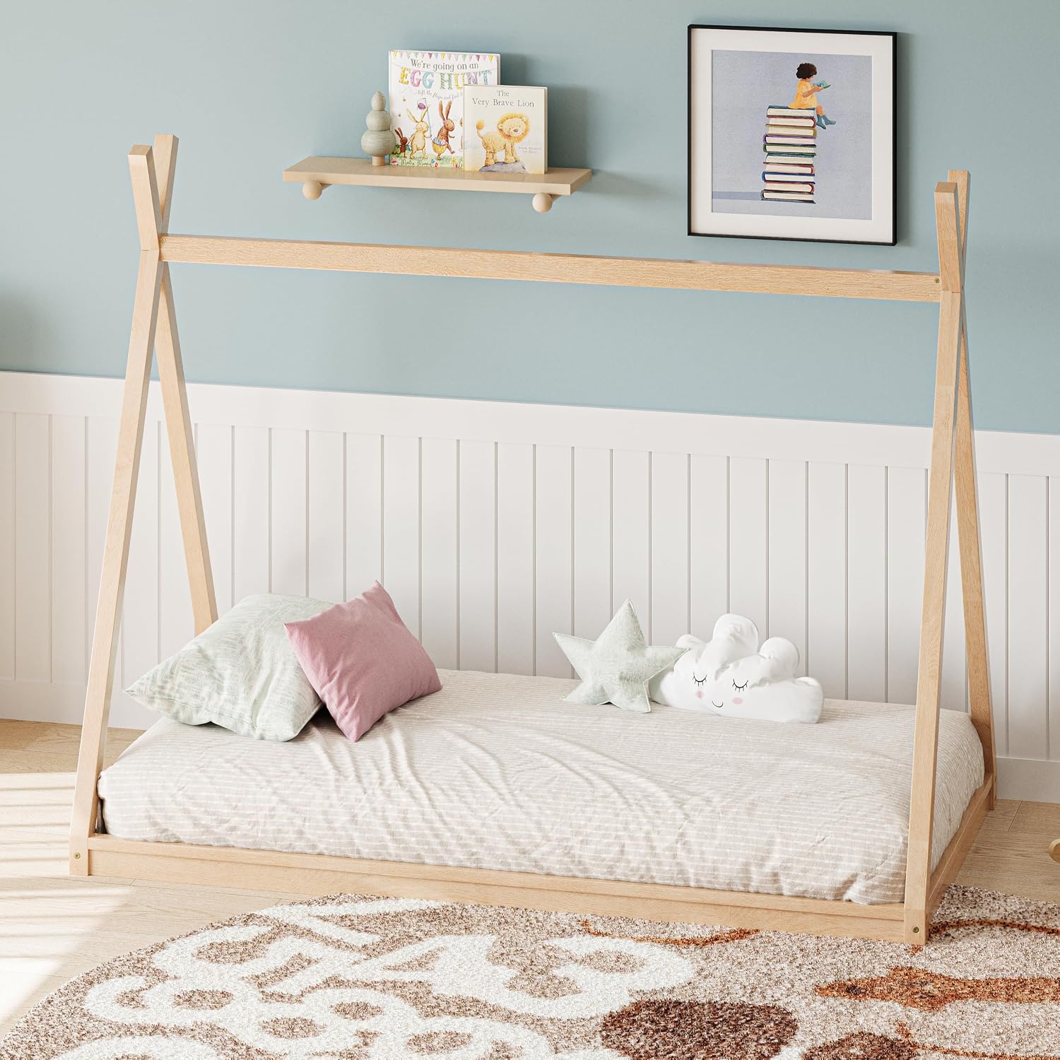JIVOIT Wood Twin Size Tent Bed with Sturdy Triangle Frame, Montessori Style Low-Floor Bed, House Shape Tent Bed Frame, Easy Assembly (Natural/95)
