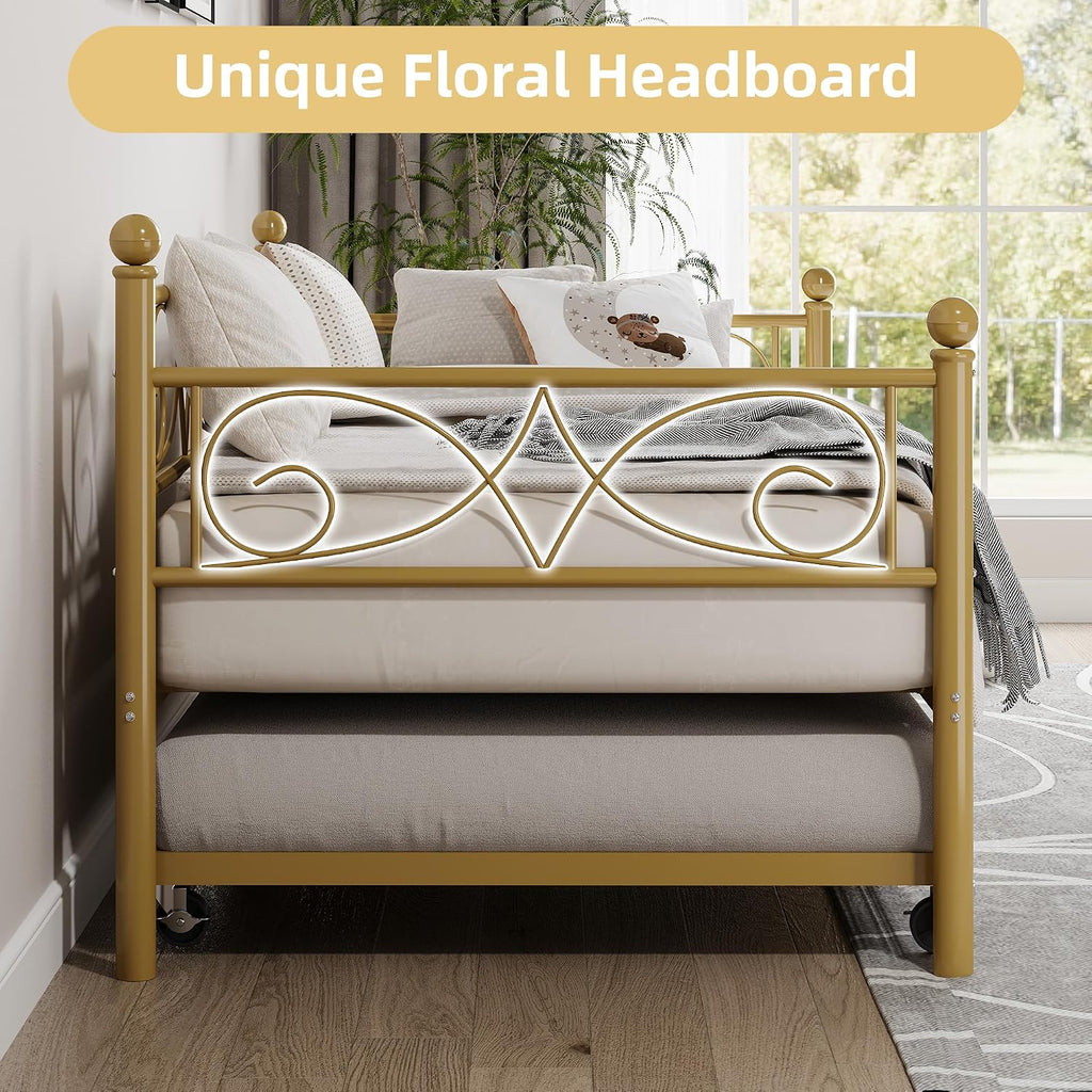 Heavy Duty Twin Daybed with Trundle, Metal Sofa Bed Frame with Floral Headboard & Slats, No Box Spring Needed, Multifunctional Platform Bed for Guest Room, Bedroom,Set Gold Twin Size