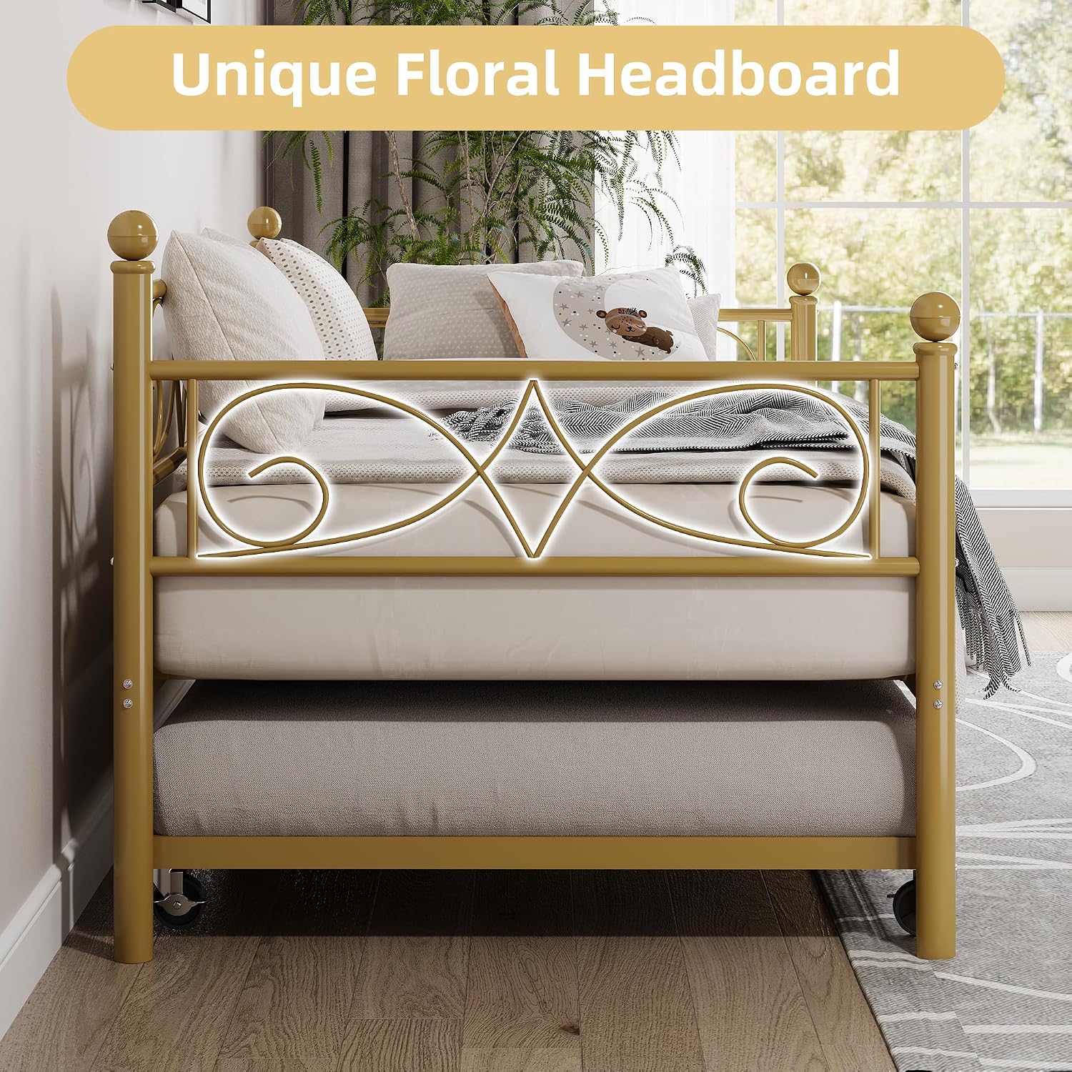 Heavy Duty Twin Daybed with Trundle, Metal Sofa Bed Frame with Floral Headboard & Slats, No Box Spring Needed, Multifunctional Platform Bed for Guest Room, Bedroom,Set Gold Twin Size