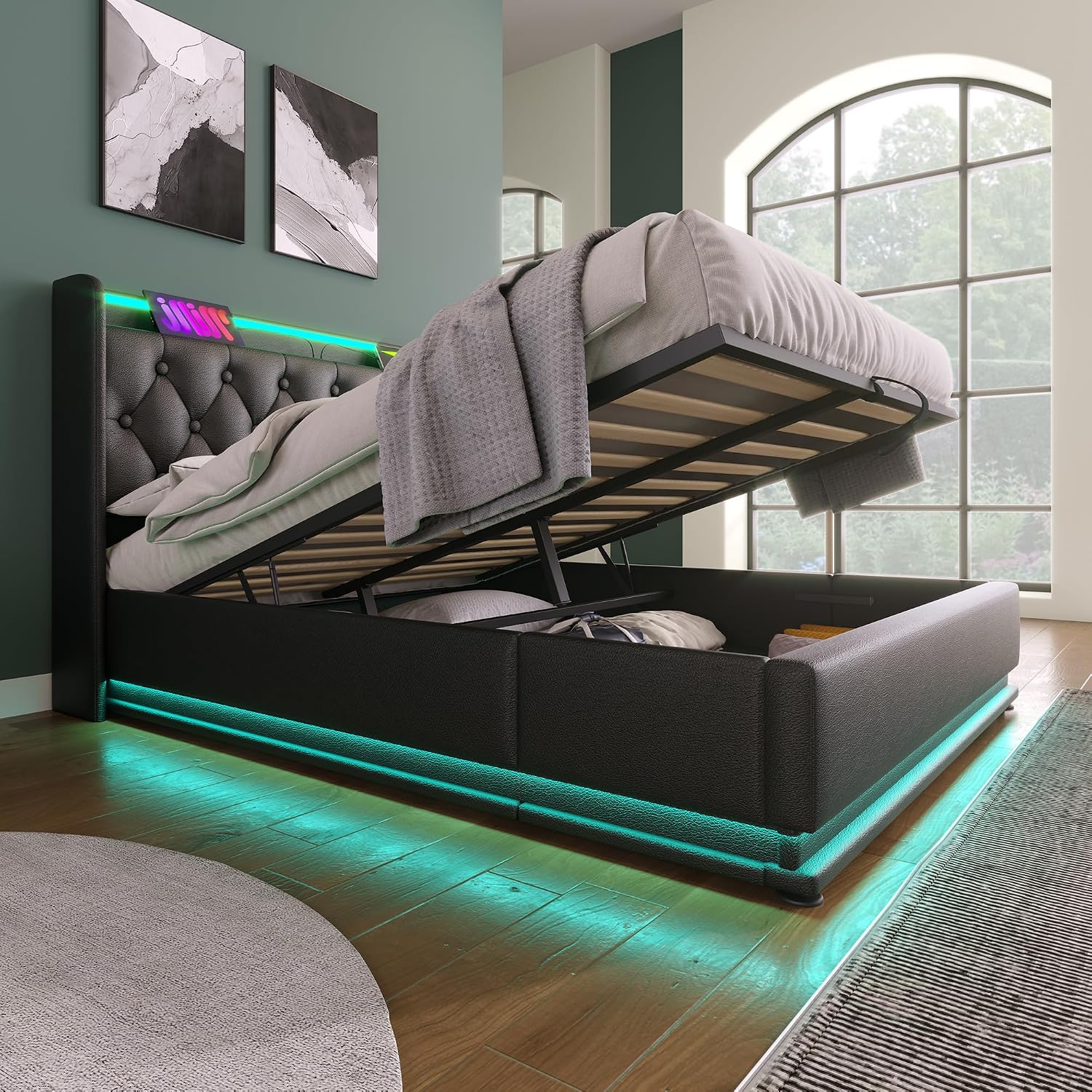 Twin Size Upholstered Bed Frame with 360° LED Lights, Hydraulic Storage, USB Charging, Modern Platform Bed with Headboard, Remote App Control for Teen, Guest Room, Small Space (Black + Full)