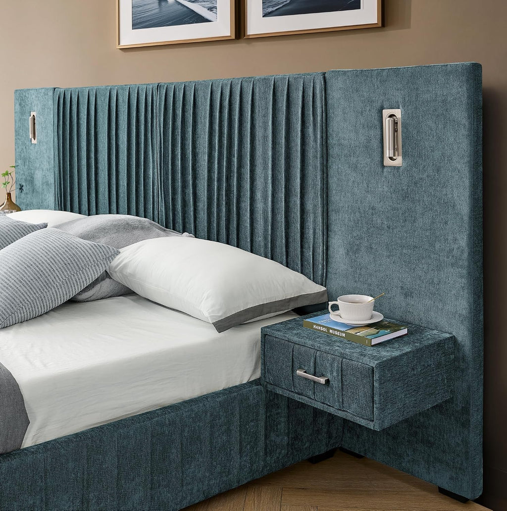 Merax Chenille Upholstered Queen Size Bed Frame with Wide Headboard and 2 Nightstands, Low Platform Bed Frame with Small Reading Lamp and Pleating Design for Adults, No Box Spring Needed, Blue Green