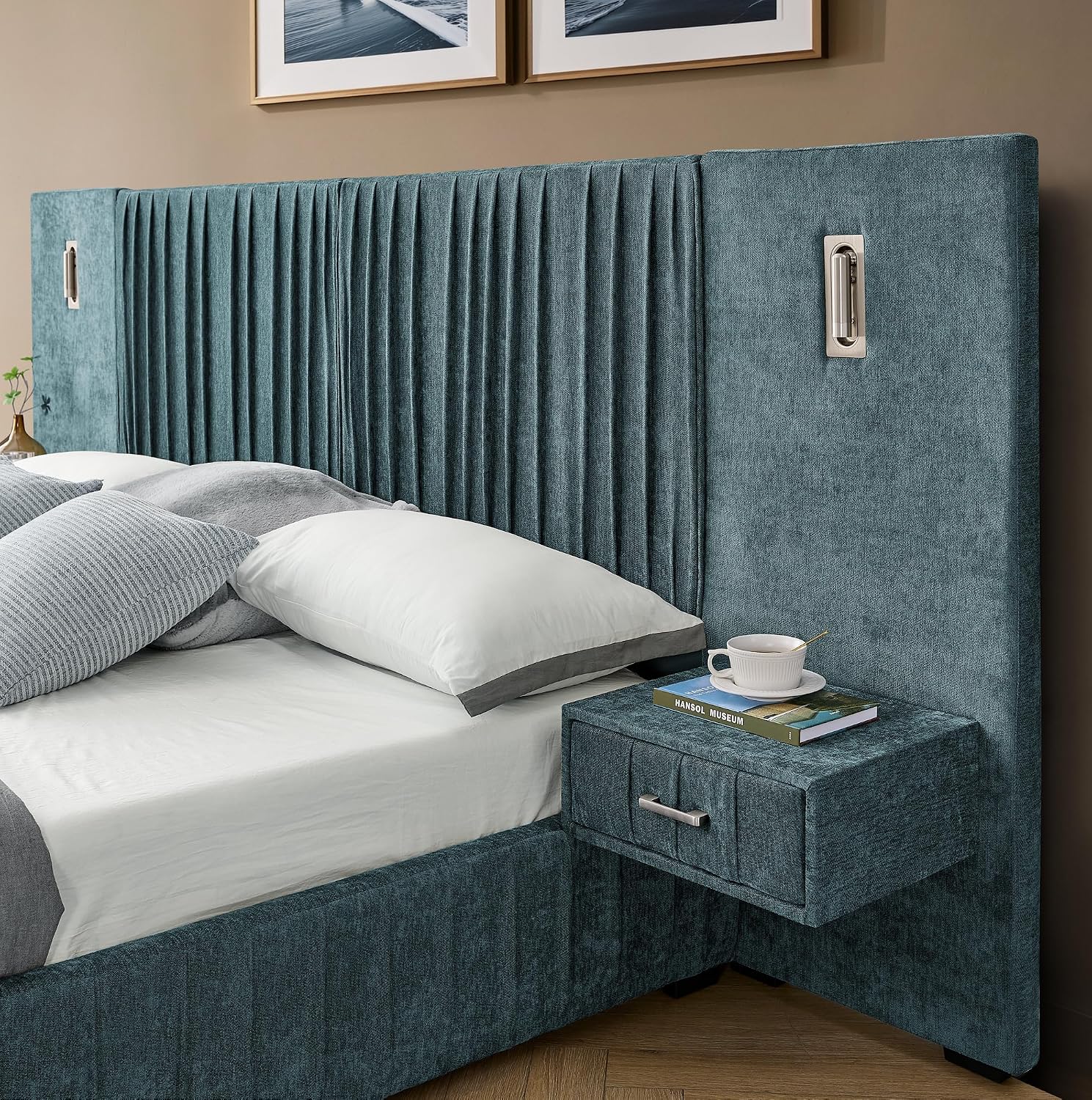Merax Chenille Upholstered Queen Size Bed Frame with Wide Headboard and 2 Nightstands, Low Platform Bed Frame with Small Reading Lamp and Pleating Design for Adults, No Box Spring Needed, Blue Green