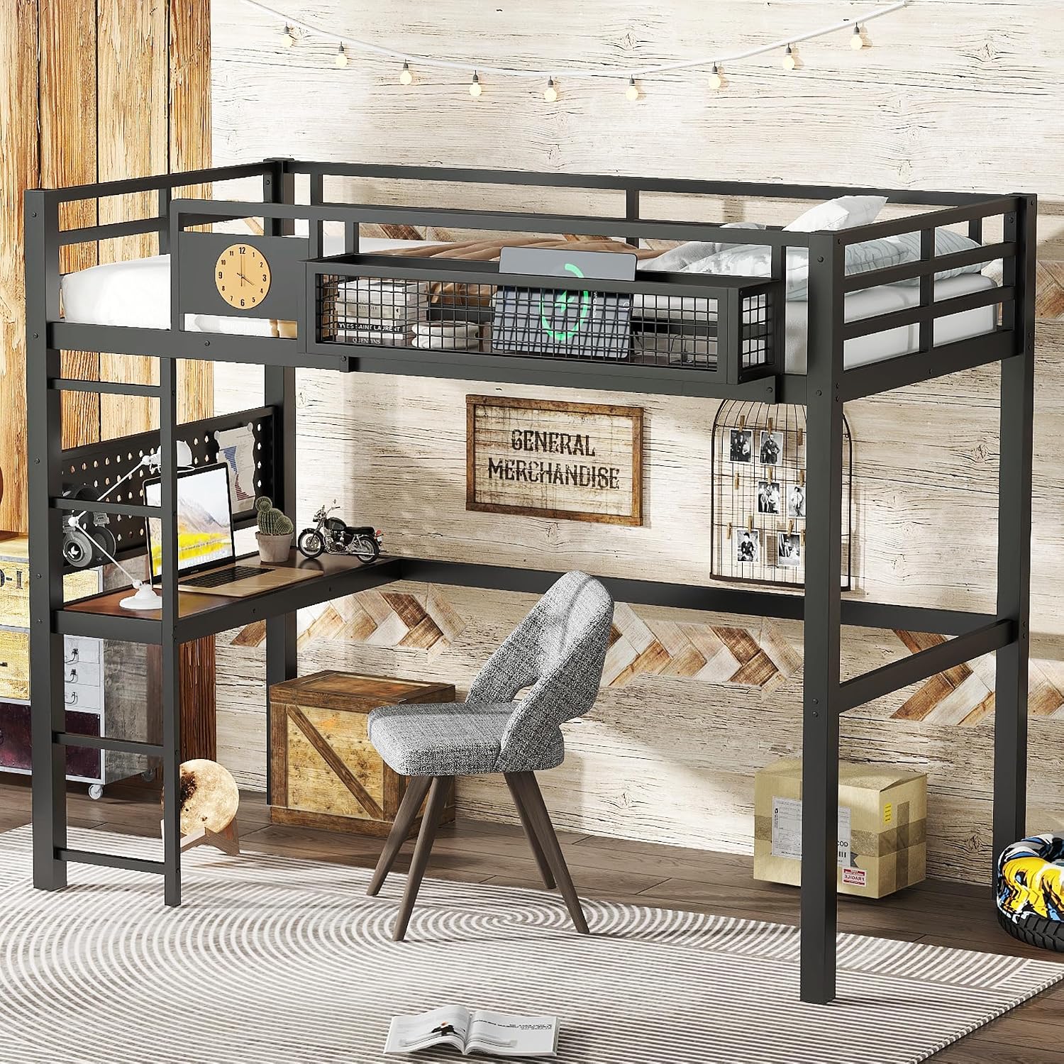 JIVOIT Twin XL Size Metal Loft Bed Frame with Desk, Bedside Storage Basket, Side Clock Design, Pegboard, 68' H Metal Loft Bed with Slats Support, No Spring Box Needed