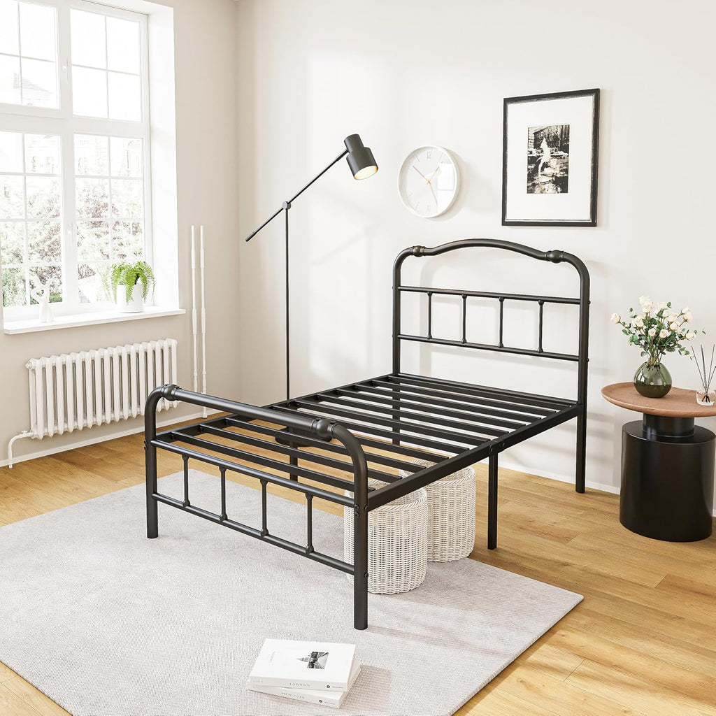 14 Inch Metal Bed Frame, with Headboard and Footboard, No Box Spring Needed, Black (Twin)