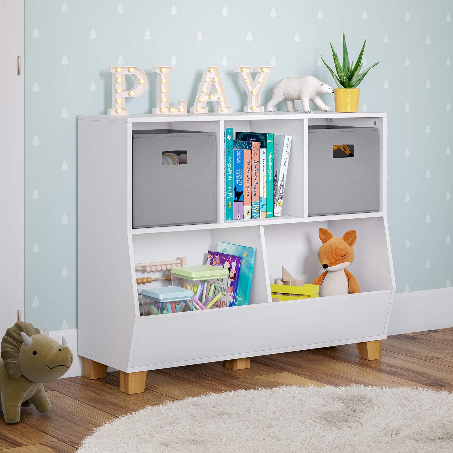RiverRidge Catch-All Kids Toy Storage Organizer with 3 Cubbies and 2 Storage Bin Compartments - 35 Inch Wide White and 2 Gray Fabric Bins Kids Room Decor Toy Organizers and Bins