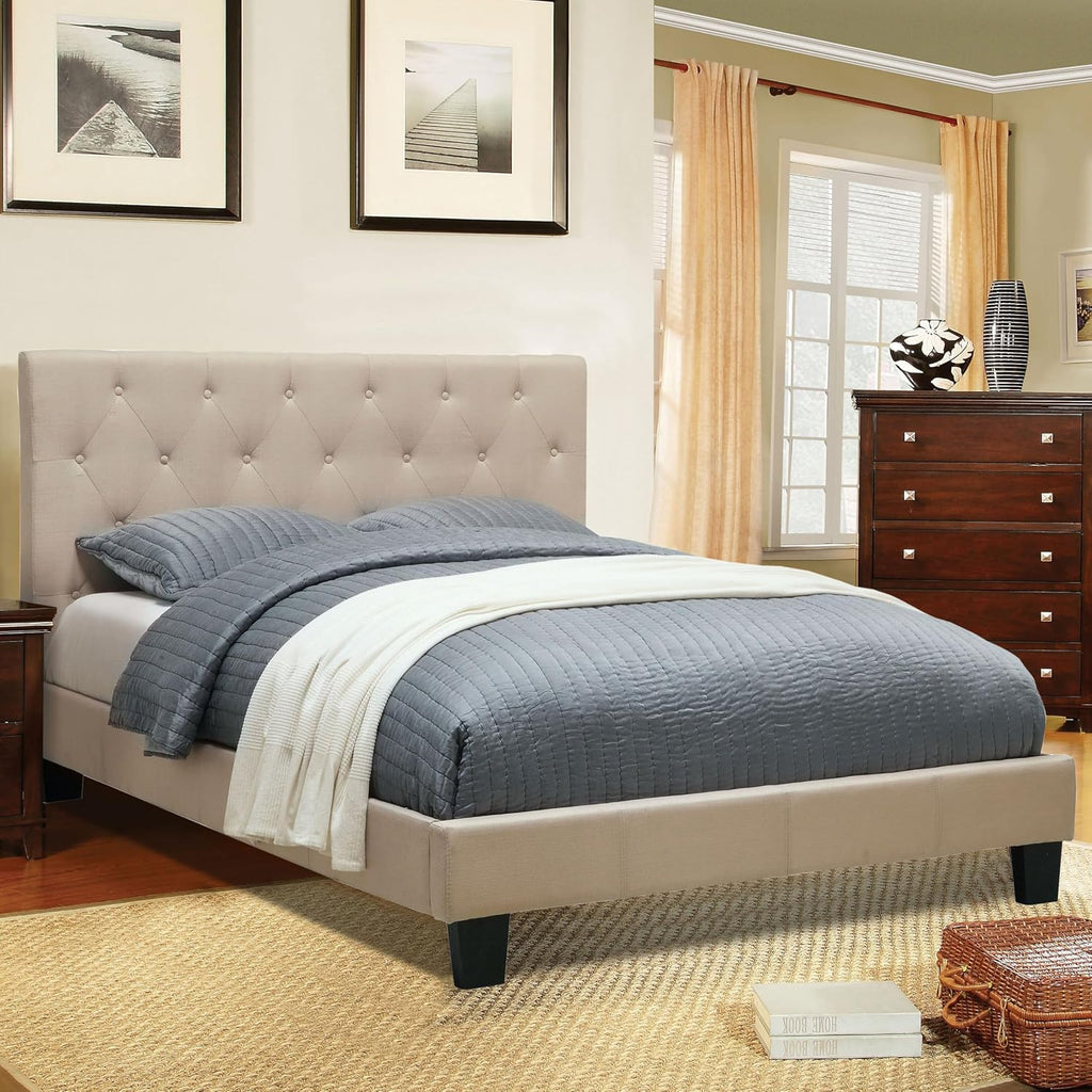 24/7 Shop at Home Athena Upholstered Platform Bed, No Box Required for Bedroom, Twin, Ivory