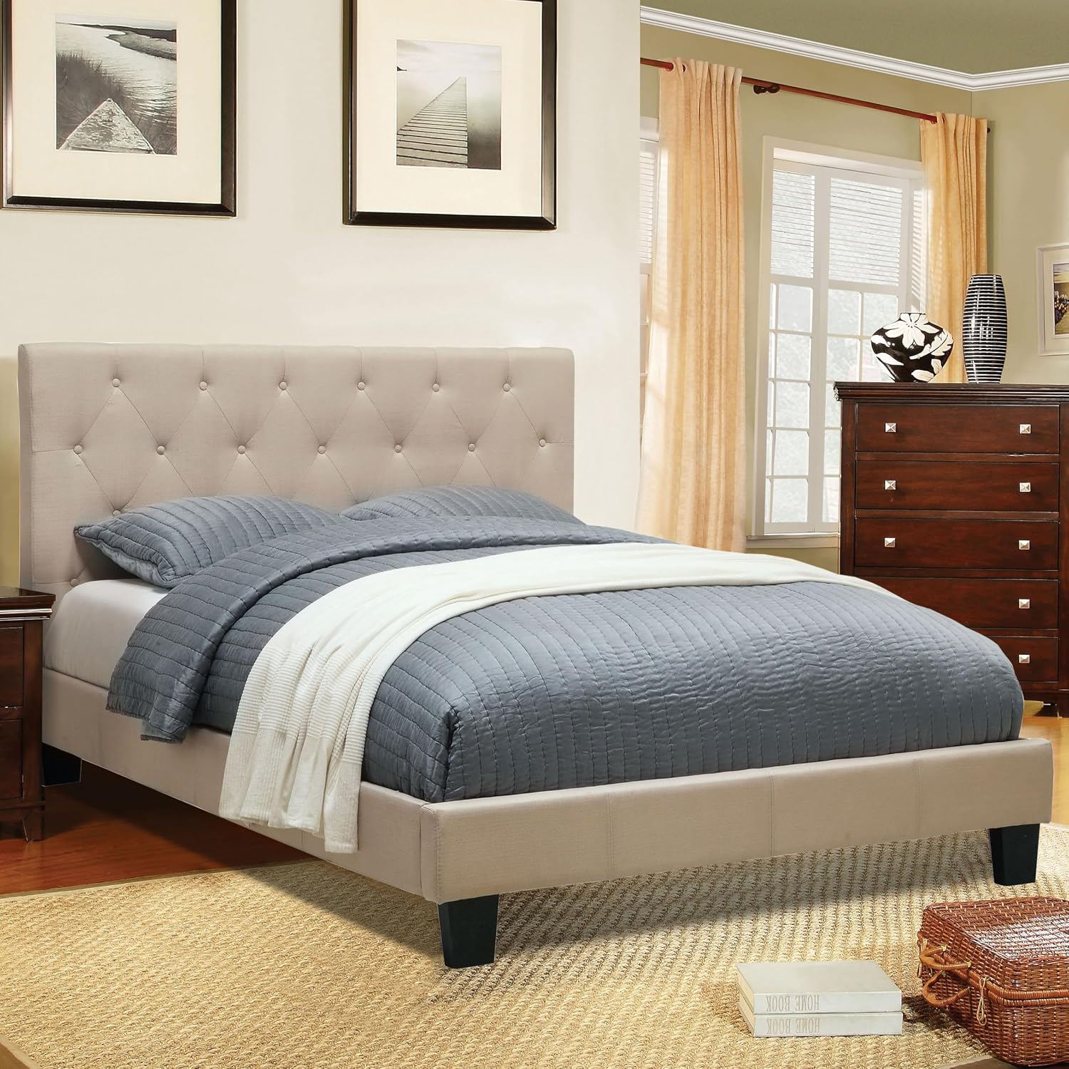 24/7 Shop at Home Athena Upholstered Platform Bed, No Box Required for Bedroom, Twin, Ivory