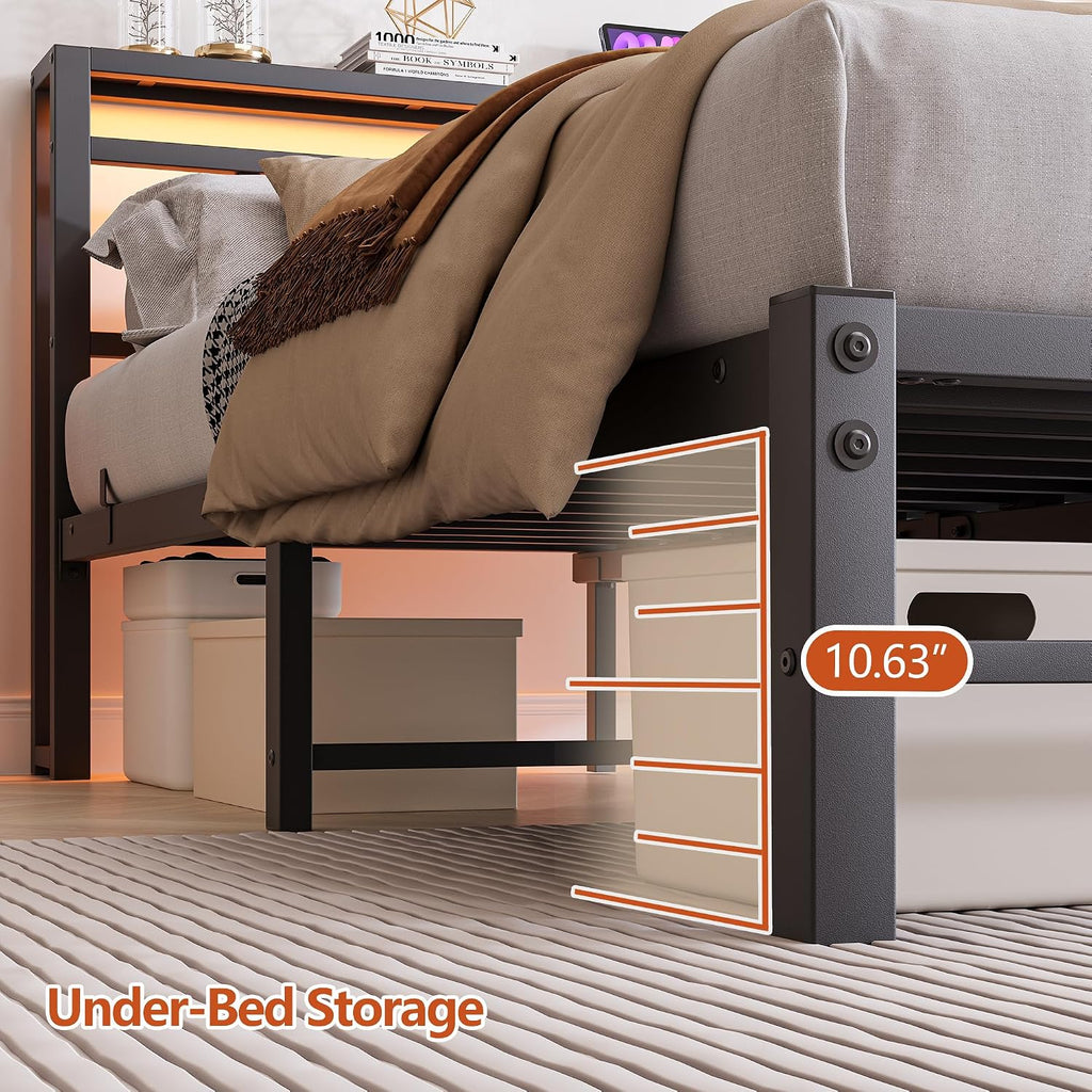 Full Size Bed Frame with Headboard,LED Light and Charging Station with Wood Shelves,Metal Platform Bed with Heavy Duty Slats Support,No Box Spring Needed,Easy Assembly,Noise Free,Black