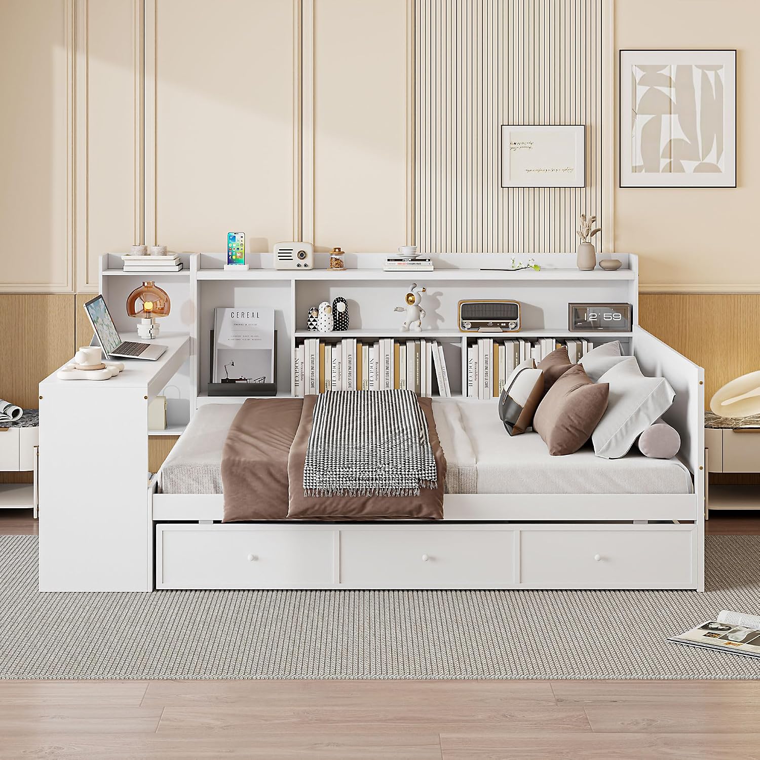 Full Size Daybed with Storage Shelves and Study Desk, Wooden Daybed Sofa Bed Frame with 3 Drawers and USB Ports for Office Living Room Bedroom, Maximize Space (White-22U)