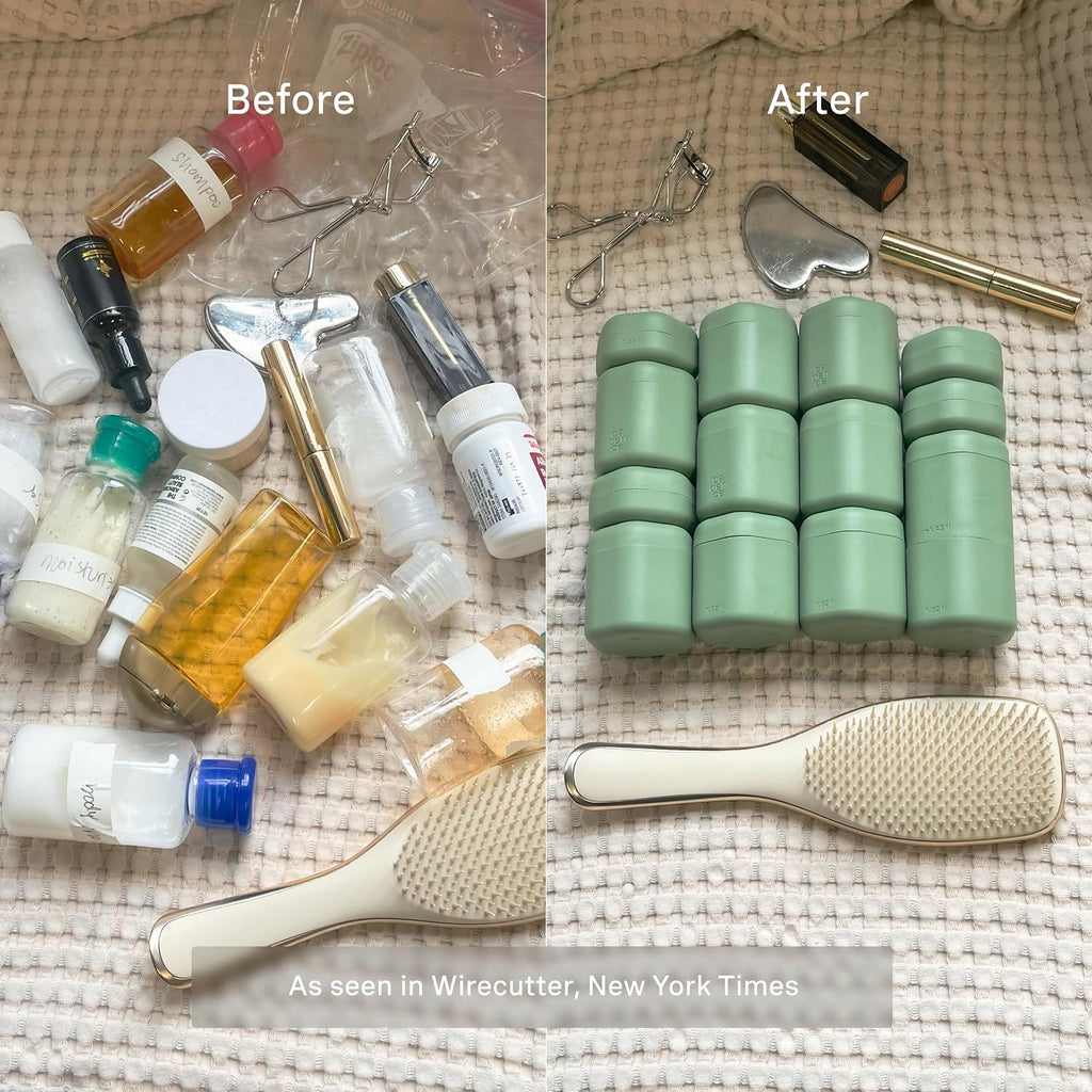 Cadence Travel Containers - Full Skincare Set - Magnetic Containers with Lids,Carry On Travel Essentials For Women/Men - 2 Small (0.56oz), 4 Medium Capsules (1.32oz), & Extender (1.43oz) - Eucalyptus