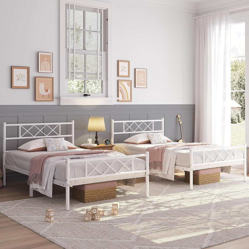 Yaheetech White Twin Metal Platform Bed Frame Mattress Foundation with Headboard and Footboard Under Bed Storage Steel Slats No Box Spring Needed 2Pcs