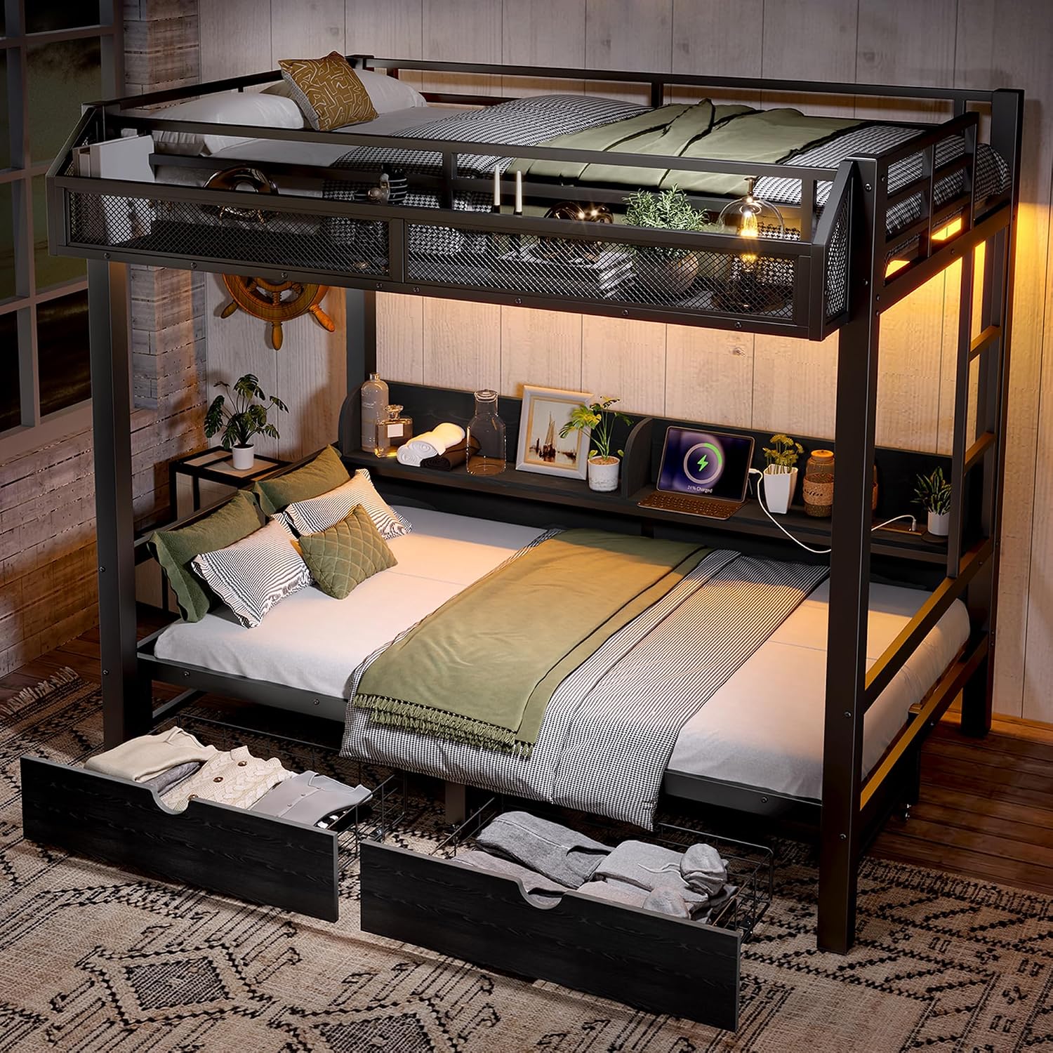 Twin Black Metal Bunk Bed with Storage Shelves and Drawers, Space-Saving Bunk Bed with Lights and USB Ports, Lower Bunkbed Can be Converted Sofa