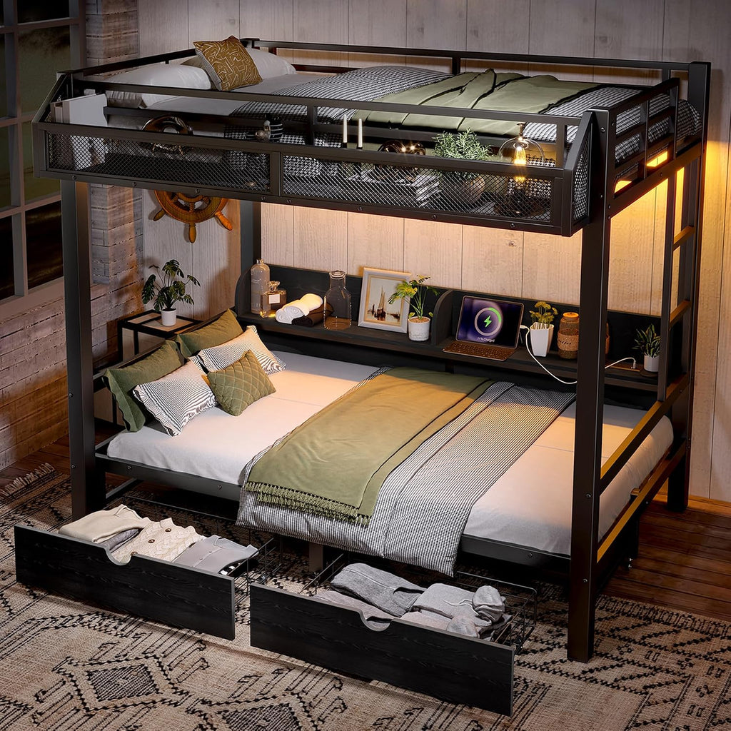 LUMISOL Twin Black Metal Bunk Bed with Storage Shelves and Drawers, Space-Saving Bunk Bed with Lights and USB Ports, Lower Bunkbed Can be Converted Sofa, Muti-Function & Noise-Free