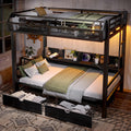 LUMISOL Twin Black Metal Bunk Bed with Storage Shelves and Drawers, Space-Saving Bunk Bed with Lights and USB Ports, Lower Bunkbed Can be Converted Sofa, Muti-Function & Noise-Free