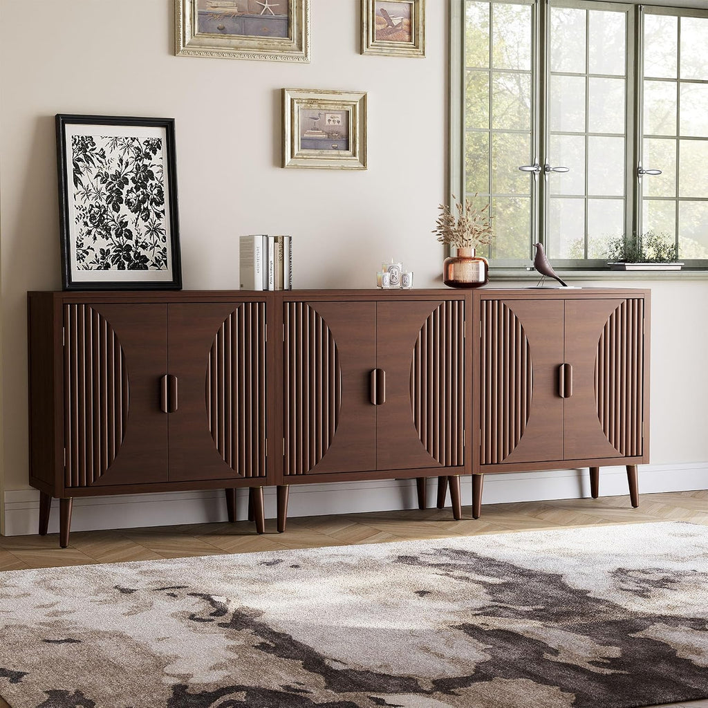 COSIEST Set of 3 30' Storage Sideboards with Doors, Accent Cabinets with Magnetic Push-to-Open Doors, Brown Line Pattern, Entryway Console for Living Room, Kitchen, Hallway