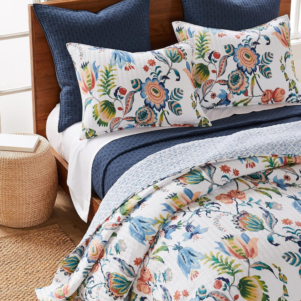 Levtex Home - Eleni Quilt Set - King Quilt and Two King Shams - Floral - Blue, Navy, Coral, Green, White - Quilt (106x92in.) and Shams (20x36in.) - Reversible - Cotton