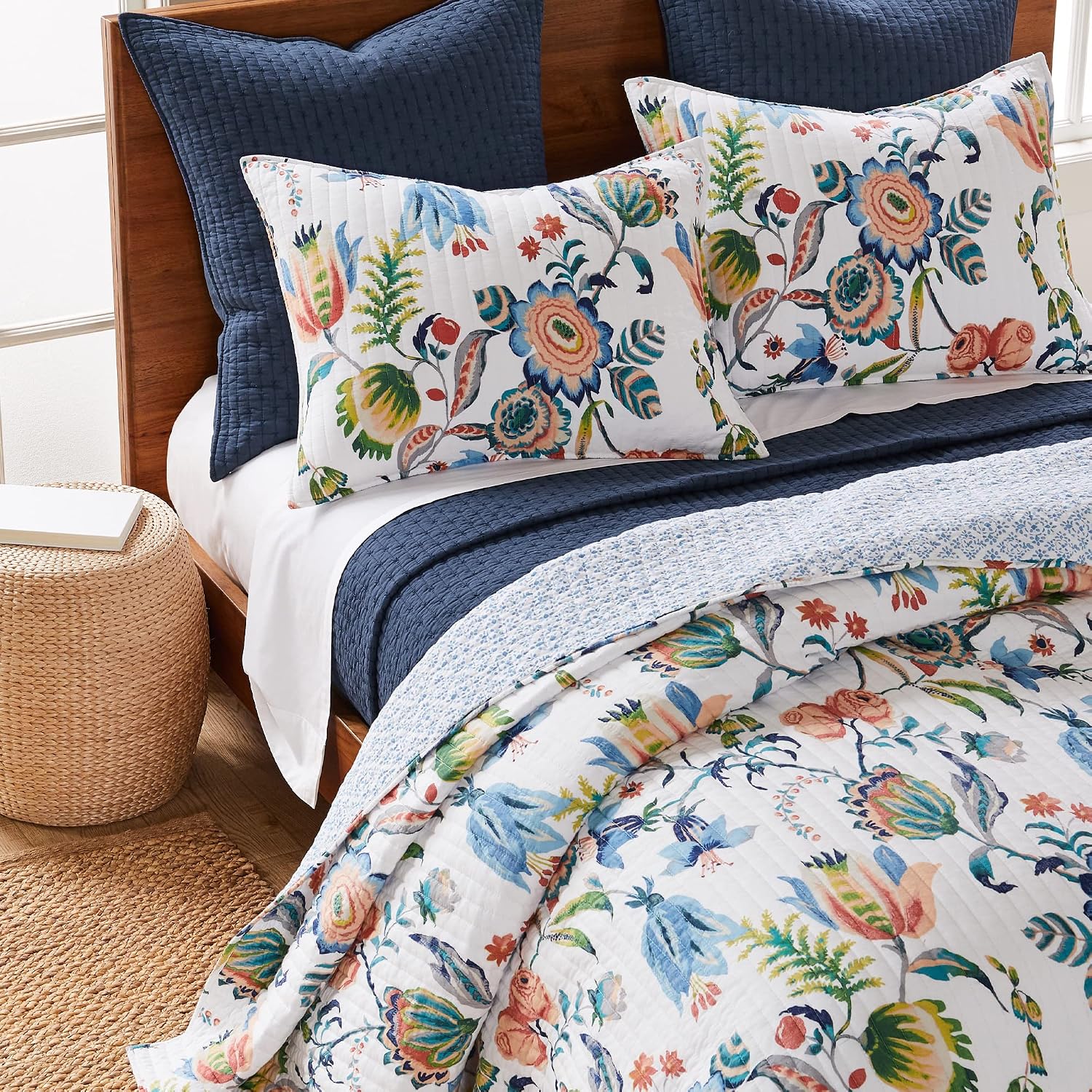 Levtex Home - Eleni Quilt Set - King Quilt and Two King Shams - Floral - Blue, Navy, Coral, Green, White - Quilt (106x92in.) and Shams (20x36in.) - Reversible - Cotton