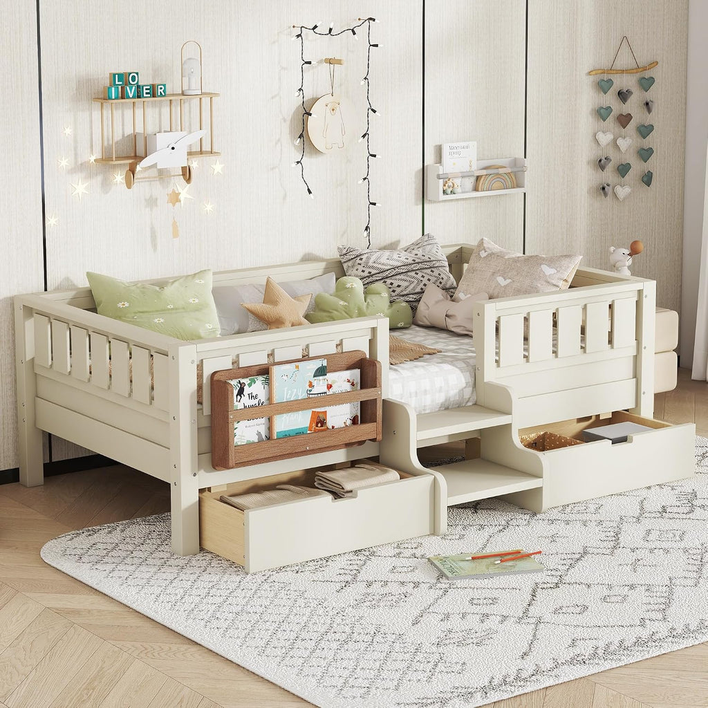 Bellemave Twin Kids Montessori Bed with Stairs, Bookshelf and Drawers, Solid Wood Kids Bed Frame with Storage for Boys Girls, Low Profile,Beige