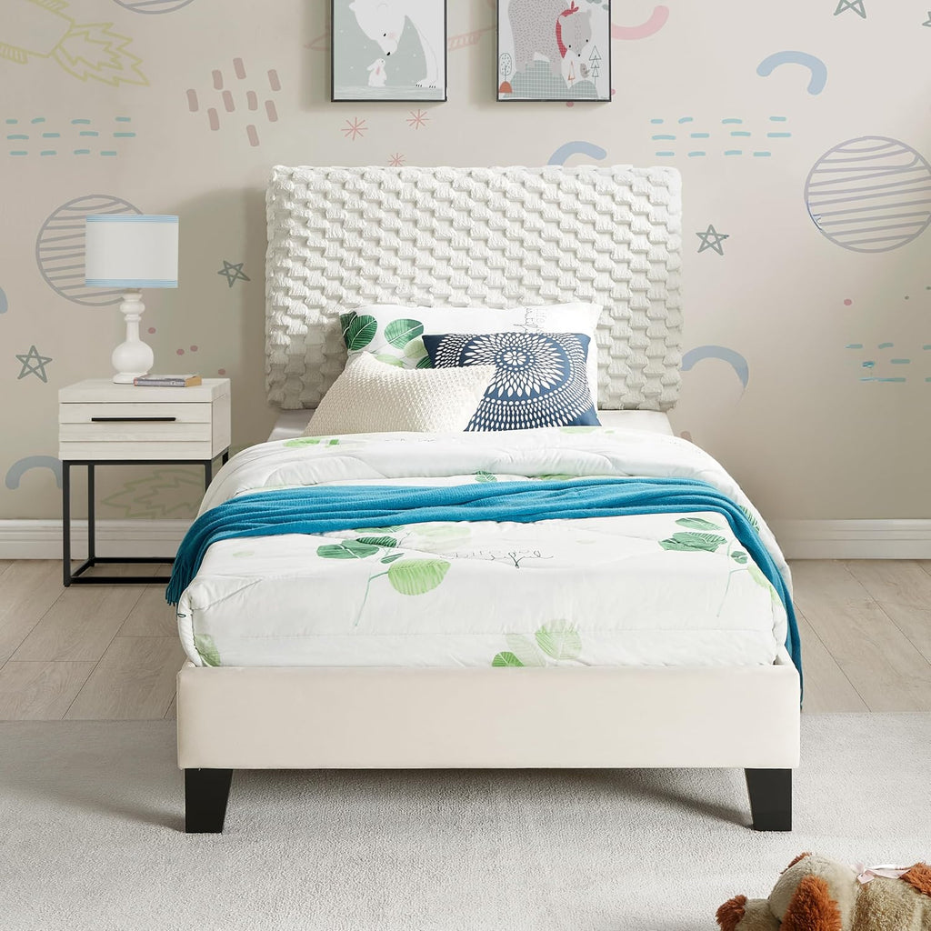 2 Bedroom Set, Plush 3D Upholstered Bed with Nightstand, Twin