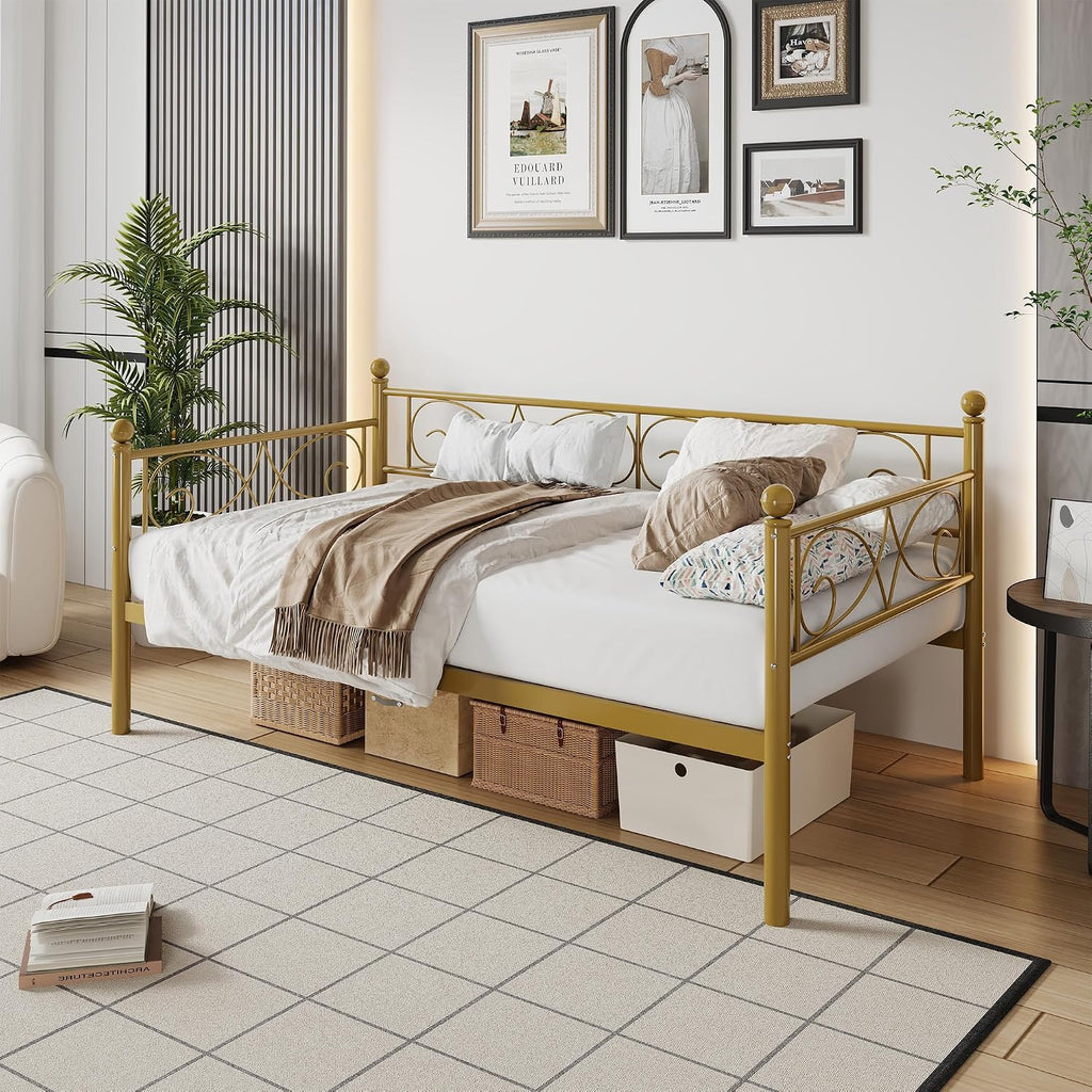 Gold Twin Size Daybed Frame with Elegant Floral Headboard, Heavy Duty Steel Slats Support, No Box Spring Needed, Modern Metal Daybed for Living Room, Guest Room, Bedroom