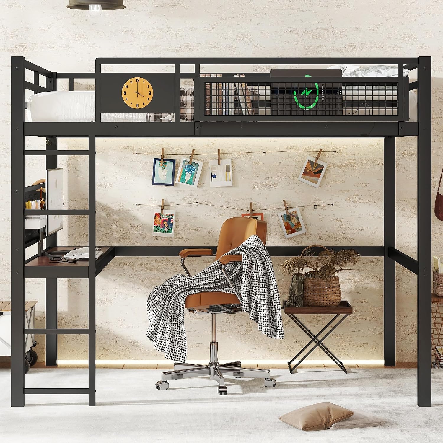JIVOIT Full Size Metal Loft Bed Frame with Desk, Bedside Storage Basket, Side Clock Design, Pegboard, 68' H Metal Loft Bed with Slats Support, No Spring Box Needed
