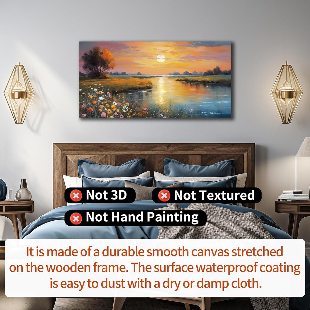 Orange Yellow Sunset Lake Landscape Canvas Wall Art with Colorful Wildflowers & Distant Mountain, Serene Nature Scene Large Picture Print Painting Artwork for Living Room Bedroom Decor 58x29 Inches