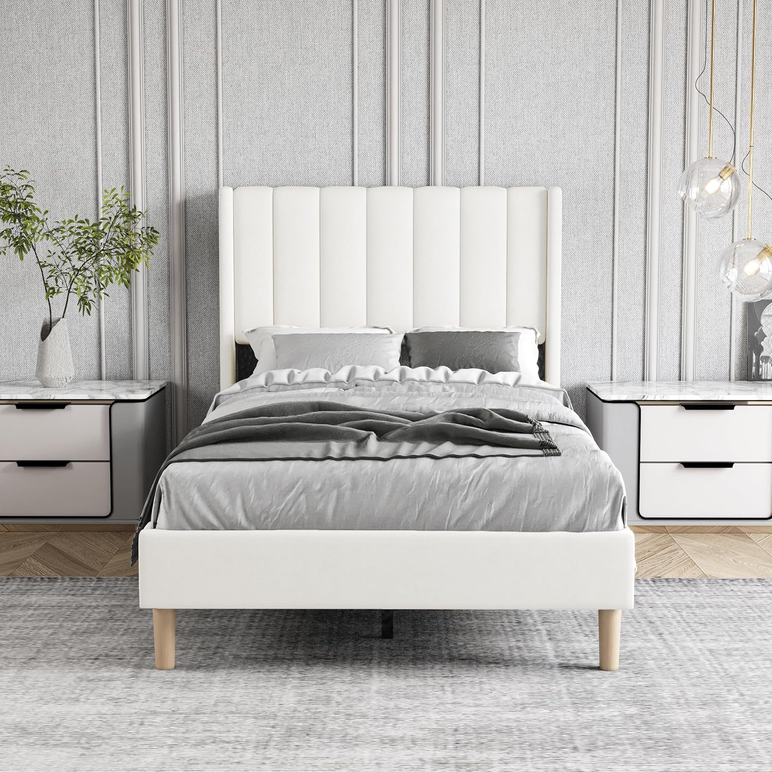 Twin Size Bed Frame with Headboard, Modern Upholstered Velvet Platform Bed, Heavy Duty Wooden Slats Support, No Box Spring Needed, Noise-Free & Easy Assembly, Beige