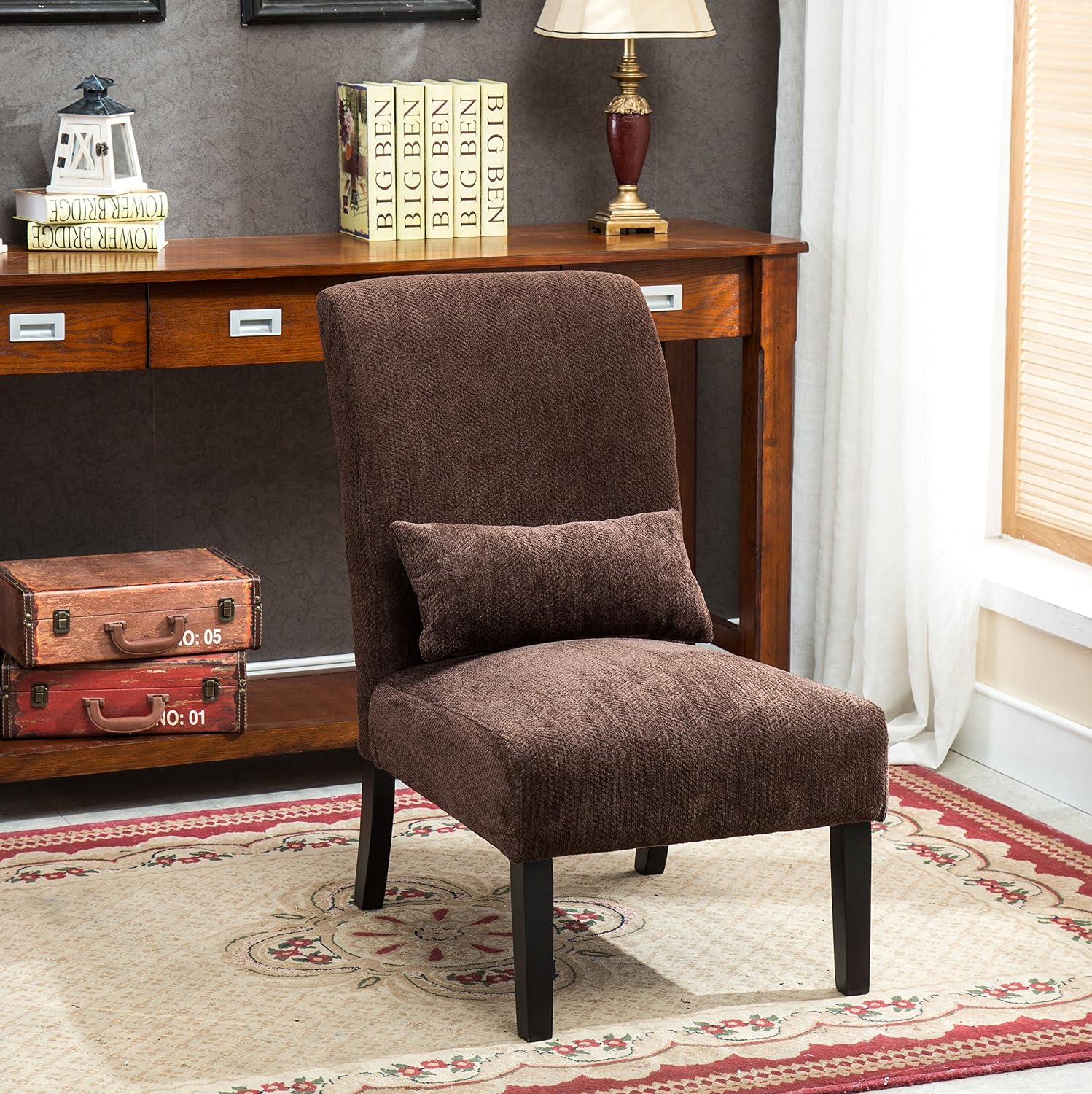Roundhill Furniture Chocolate Pisano Chenille Fabric Armless Contemporary Accent Chair with Matching Kidney Pillow