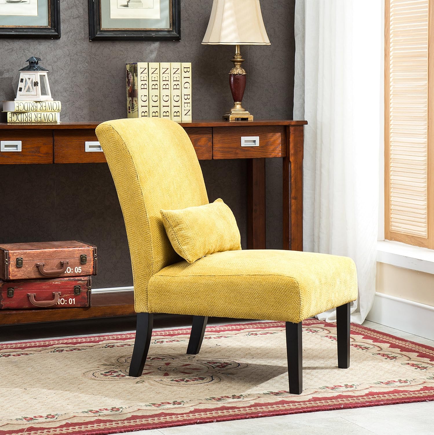 Roundhill Furniture Yellow Pisano Chenille Fabric Armless Contemporary Accent Chair with Matching Kidney Pillow