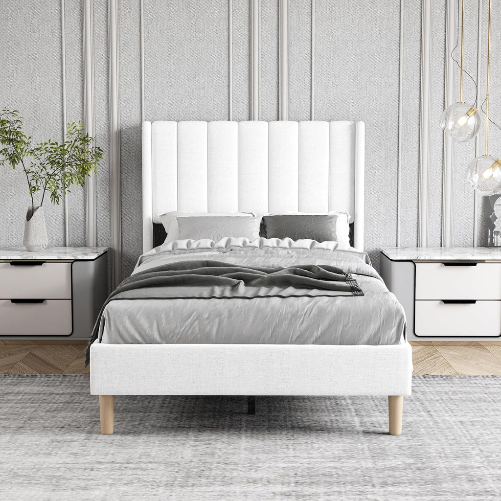 Twin Size Bed Frame with Headboard, Modern Upholstered Linen Platform Bed, Heavy Duty Wooden Slats Support, No Box Spring Needed, Noise-Free & Easy Assembly, White