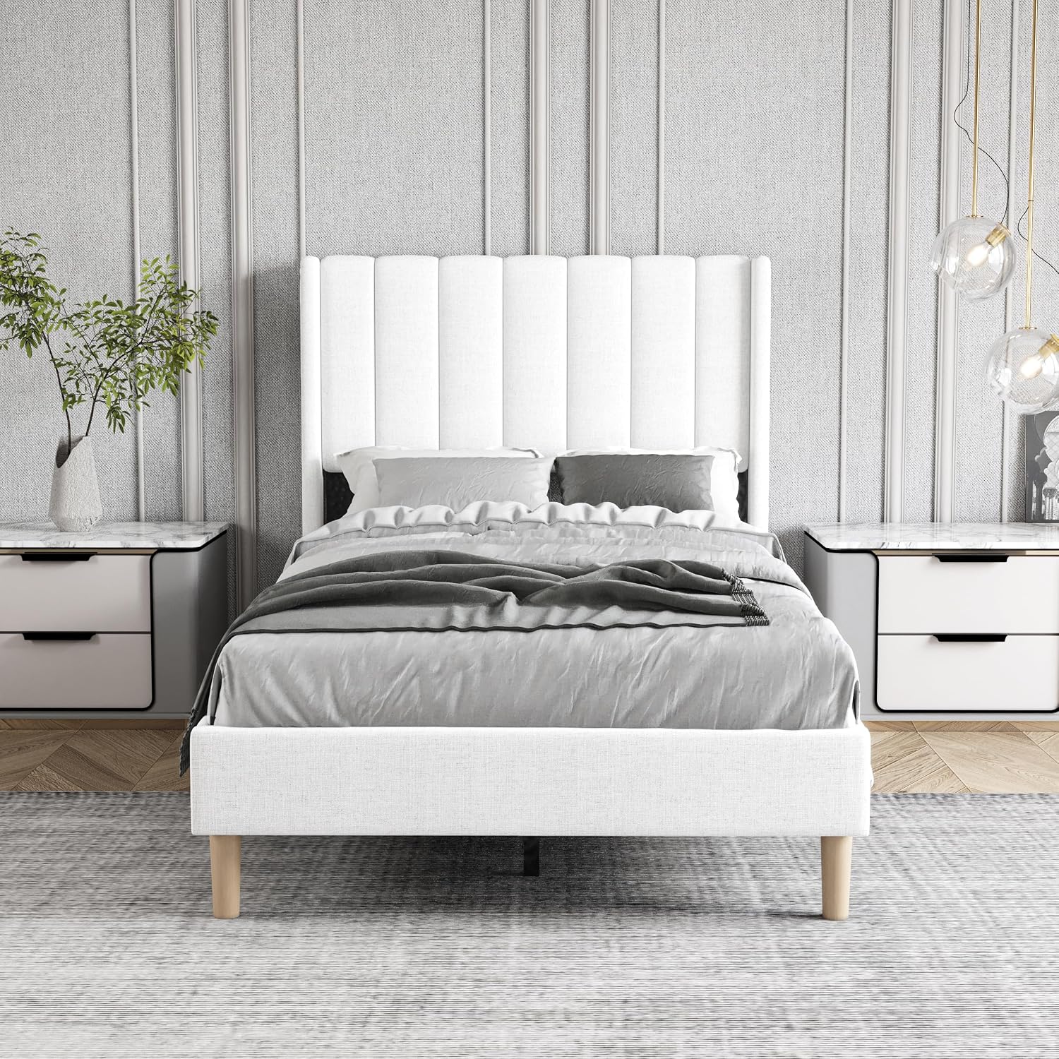 Twin Size Bed Frame with Headboard, Modern Upholstered Linen Platform Bed, Heavy Duty Wooden Slats Support, No Box Spring Needed, Noise-Free & Easy Assembly, White