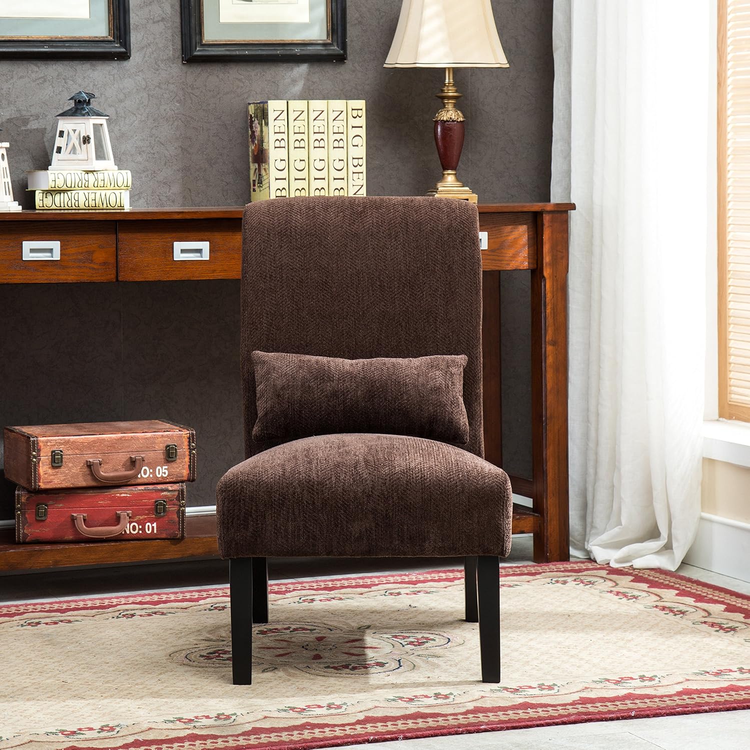 Roundhill Furniture Chocolate Pisano Chenille Fabric Armless Contemporary Accent Chair with Matching Kidney Pillow