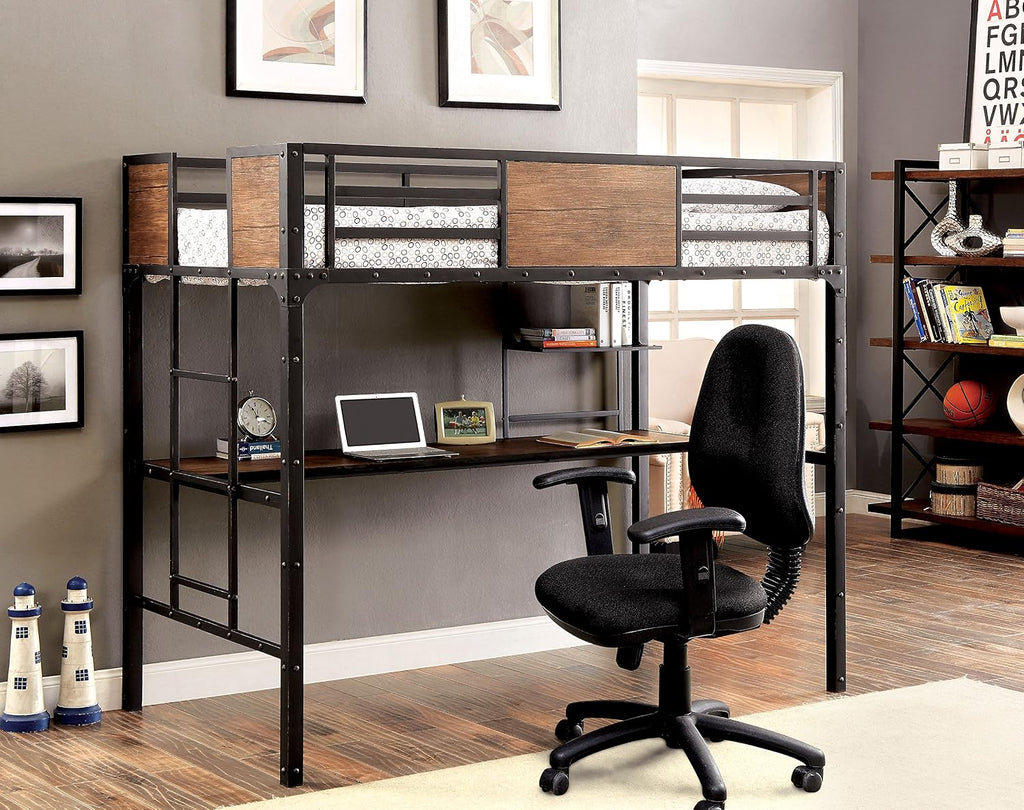 Furniture of America Megyver Two Over Level Industrial Bunk Bed, Twin Over Desk, Black