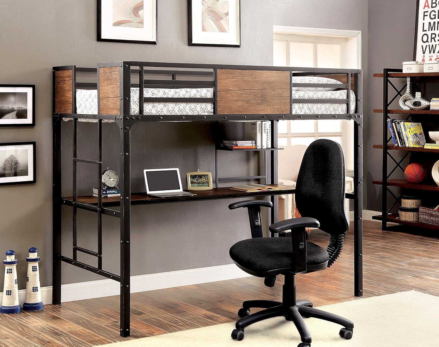 Furniture of America Megyver Two Over Level Industrial Bunk Bed, Twin Over Desk, Black
