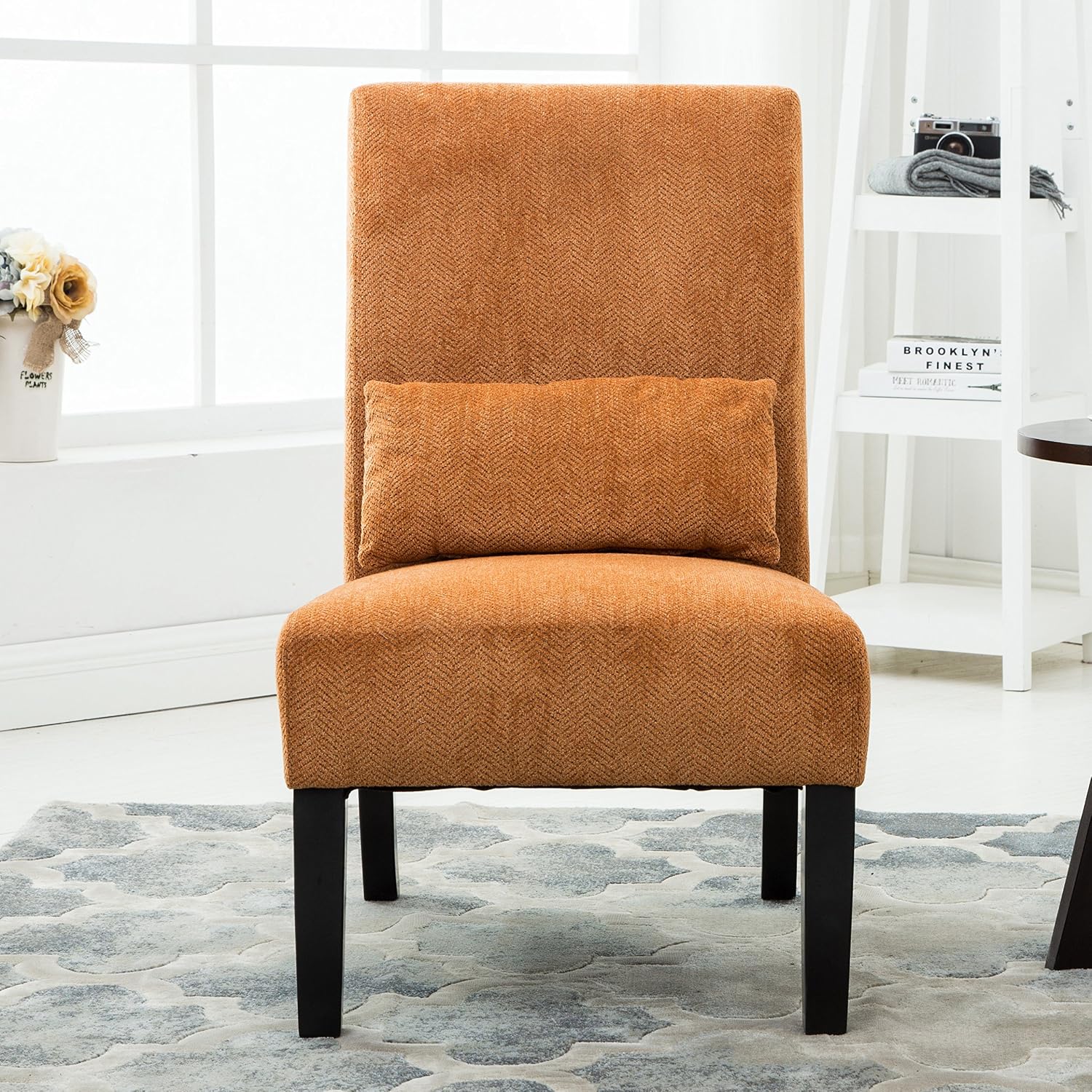 Roundhill Furniture Pisano Orange Fabric Armless Contemporary Accent Chair with Matching Kidney Pillow, Single