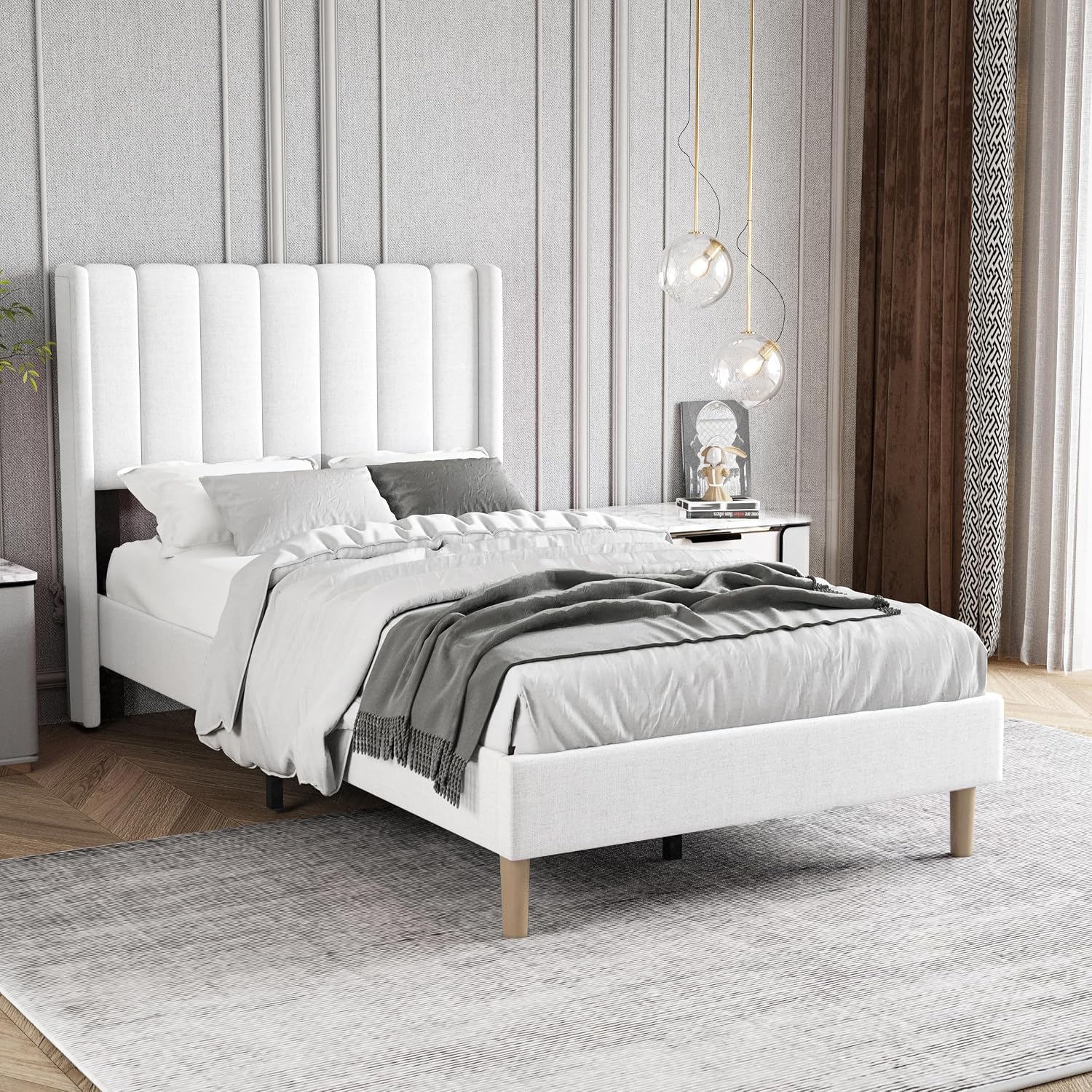 Twin Size Bed Frame with Headboard, Modern Upholstered Linen Platform Bed, Heavy Duty Wooden Slats Support, No Box Spring Needed, Noise-Free & Easy Assembly, White