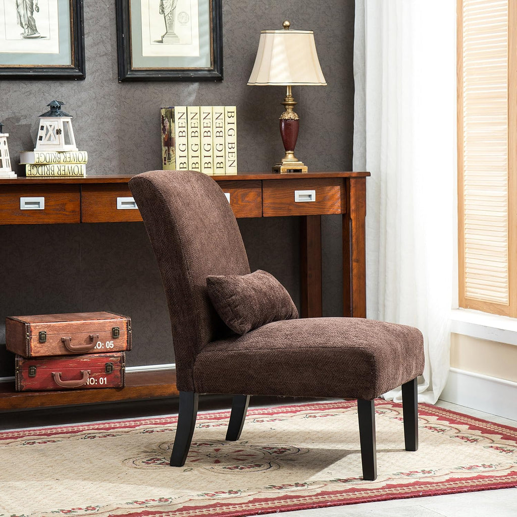 Roundhill Furniture Chocolate Pisano Chenille Fabric Armless Contemporary Accent Chair with Matching Kidney Pillow