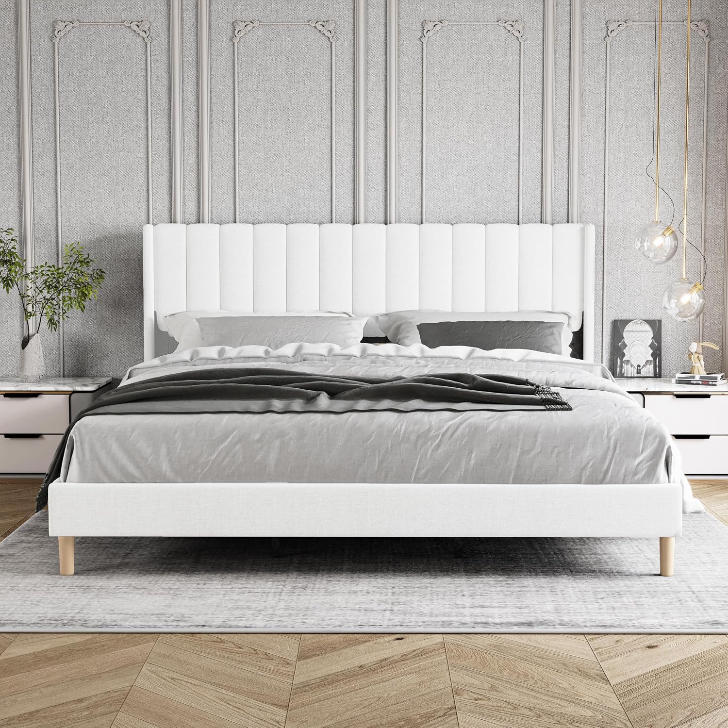 King Size Bed Frame with Headboard, Modern Upholstered Linen Platform Bed, Heavy Duty Wooden Slats Support, No Box Spring Needed, Noise-Free & Easy Assembly, White