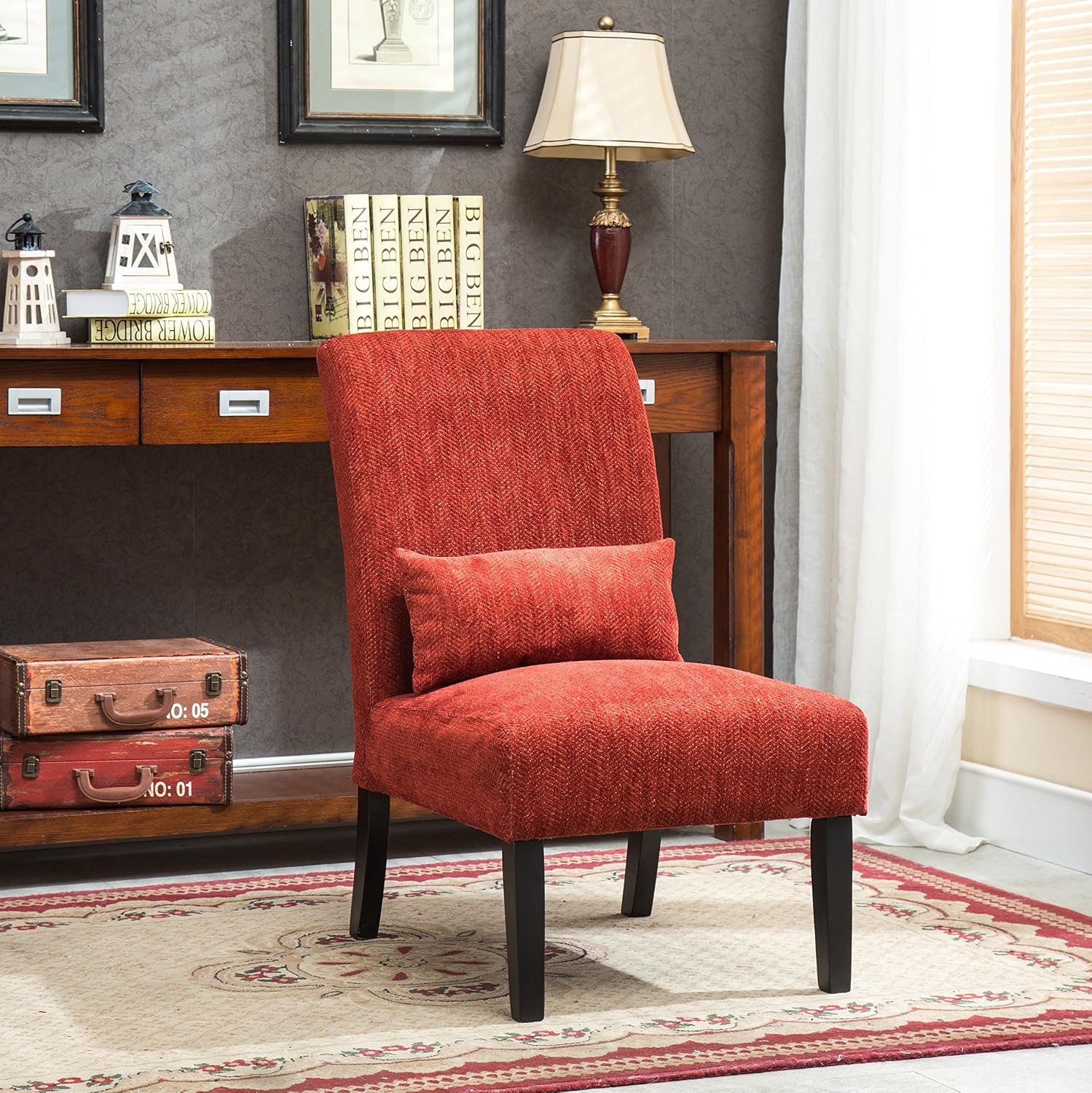 Roundhill Furniture Red Pisano Chenille Fabric Armless Contemporary Accent Chair with Matching Kidney Pillow
