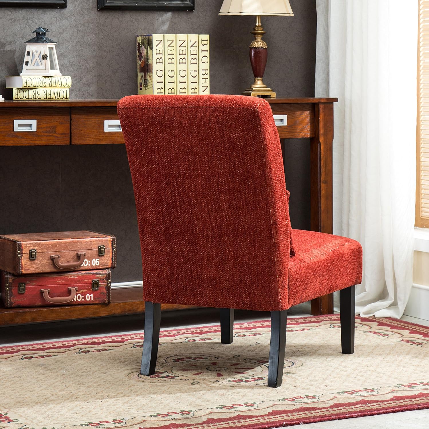 Roundhill Furniture Red Pisano Chenille Fabric Armless Contemporary Accent Chair with Matching Kidney Pillow