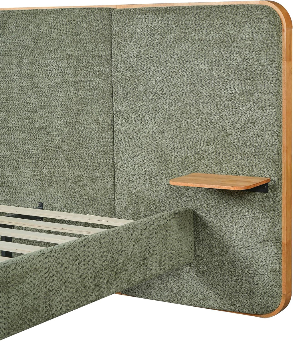Merax King Size Boucle Upholstered Platform Bed with Wide Curved Headboard and Floating Shelves for Adults, Heavy Duty Steel Center Beam for Support, No Box Spring Needed, Antique Green
