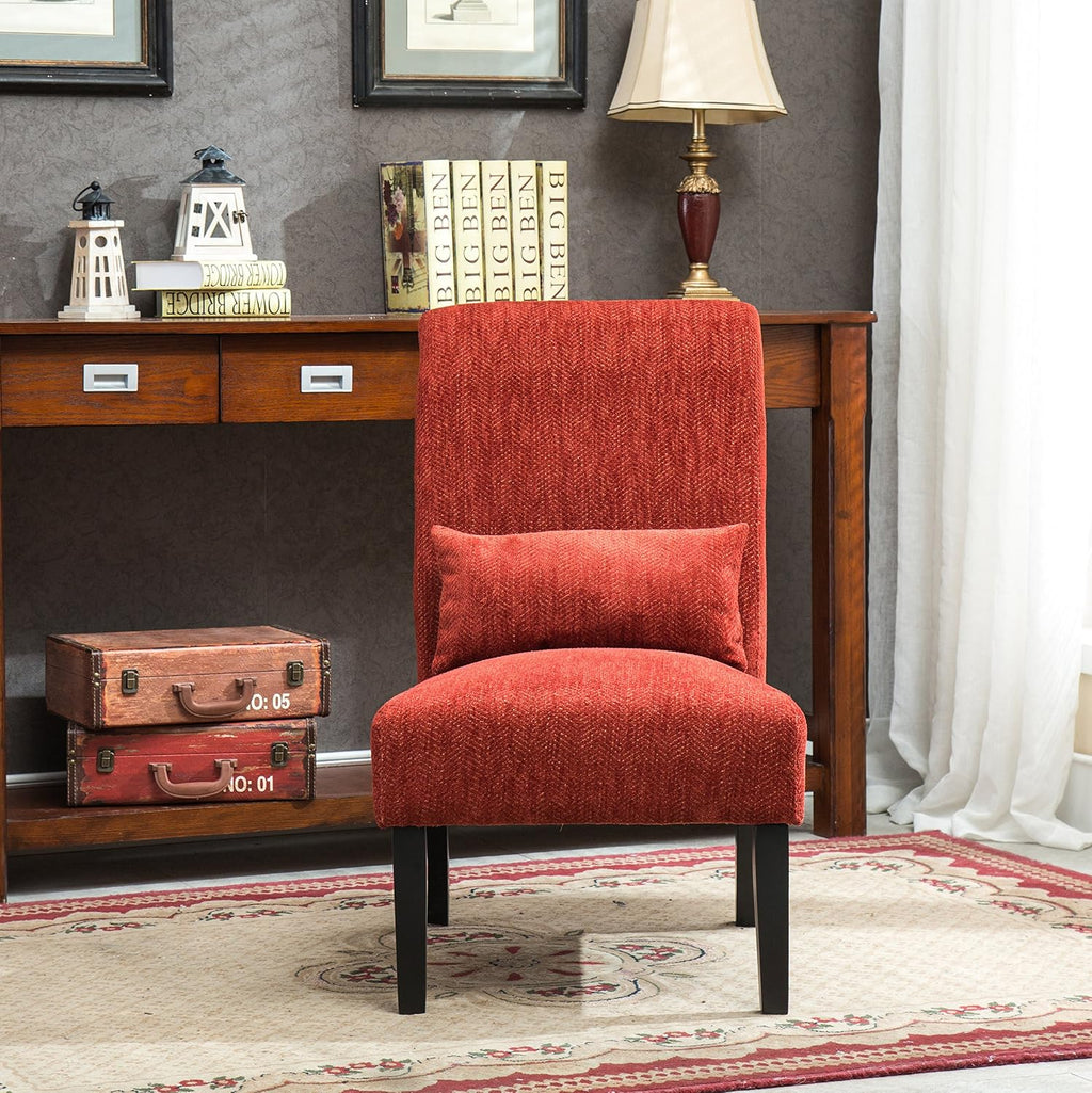 Roundhill Furniture Red Pisano Chenille Fabric Armless Contemporary Accent Chair with Matching Kidney Pillow