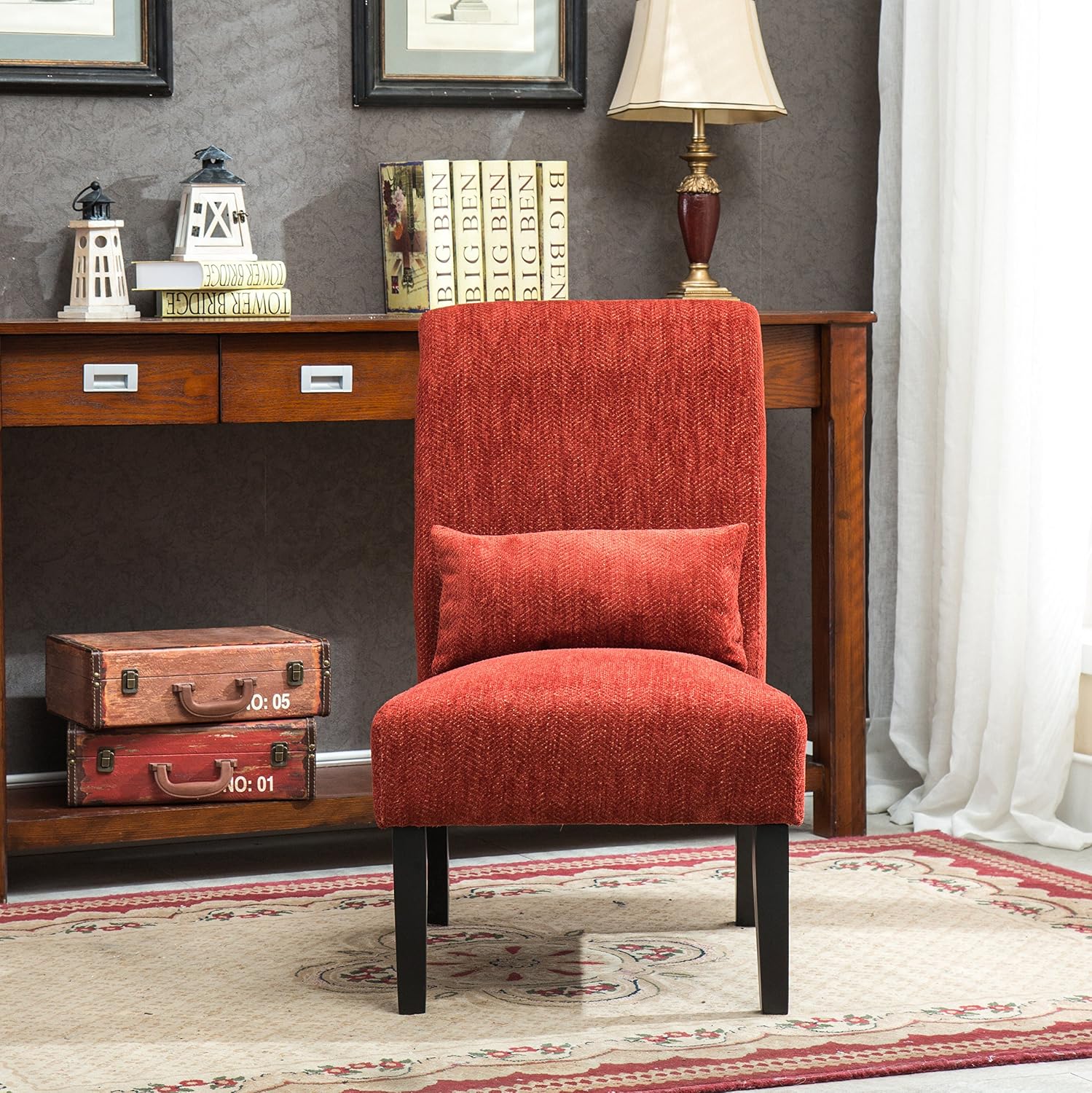 Roundhill Furniture Red Pisano Chenille Fabric Armless Contemporary Accent Chair with Matching Kidney Pillow