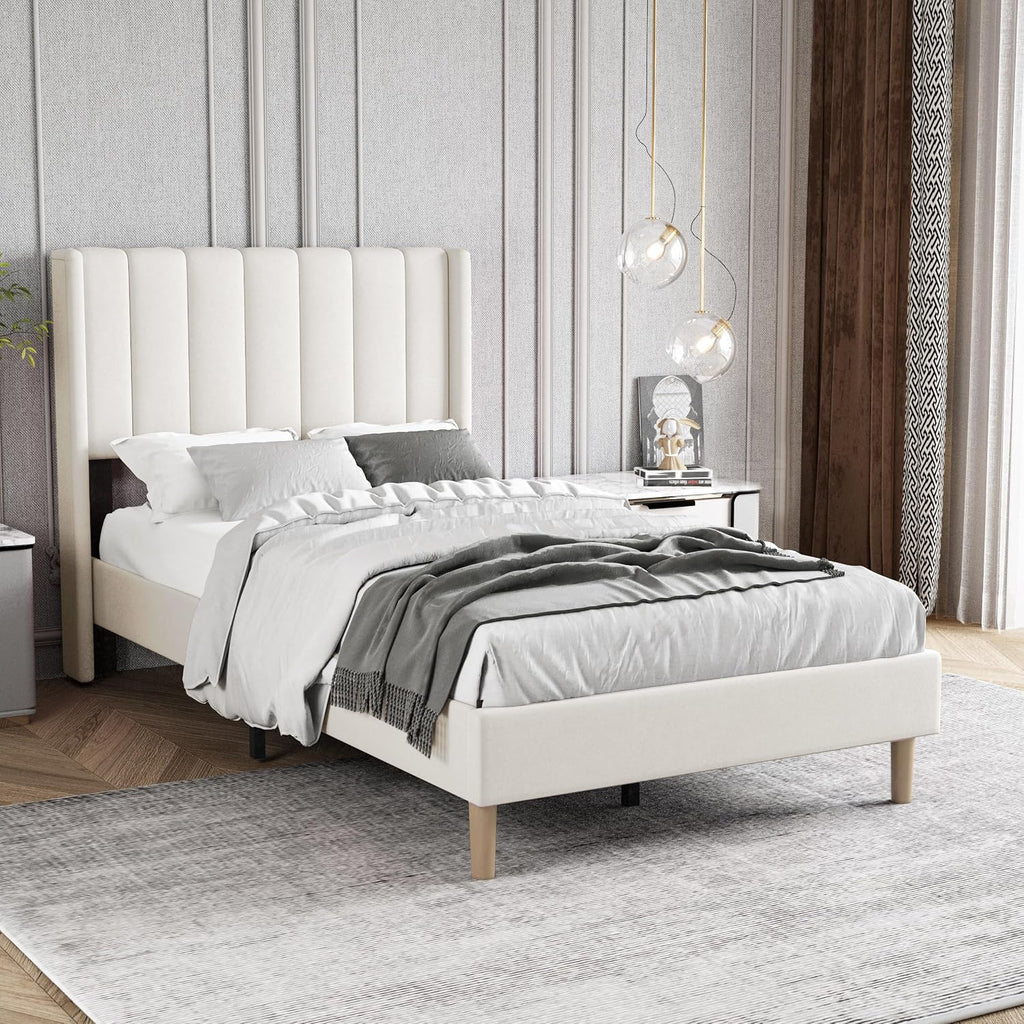 Twin Size Bed Frame with Headboard, Modern Upholstered Velvet Platform Bed, Heavy Duty Wooden Slats Support, No Box Spring Needed, Noise-Free & Easy Assembly, Beige