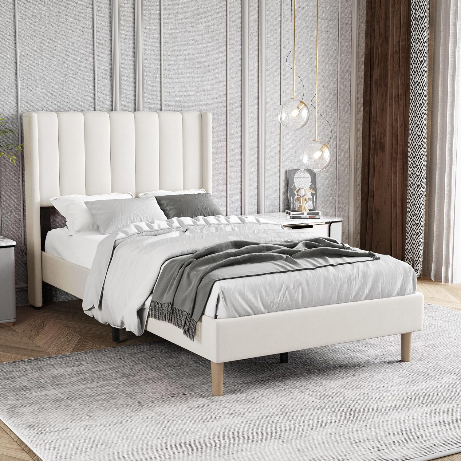 Twin Size Bed Frame with Headboard, Modern Upholstered Velvet Platform Bed, Heavy Duty Wooden Slats Support, No Box Spring Needed, Noise-Free & Easy Assembly, Beige