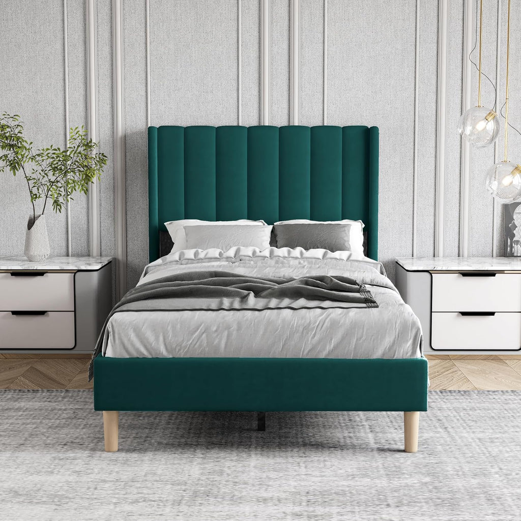 Twin Size Bed Frame with Headboard, Modern Upholstered Velvet Platform Bed, Heavy Duty Wooden Slats Support, No Box Spring Needed, Noise-Free & Easy Assembly, Green