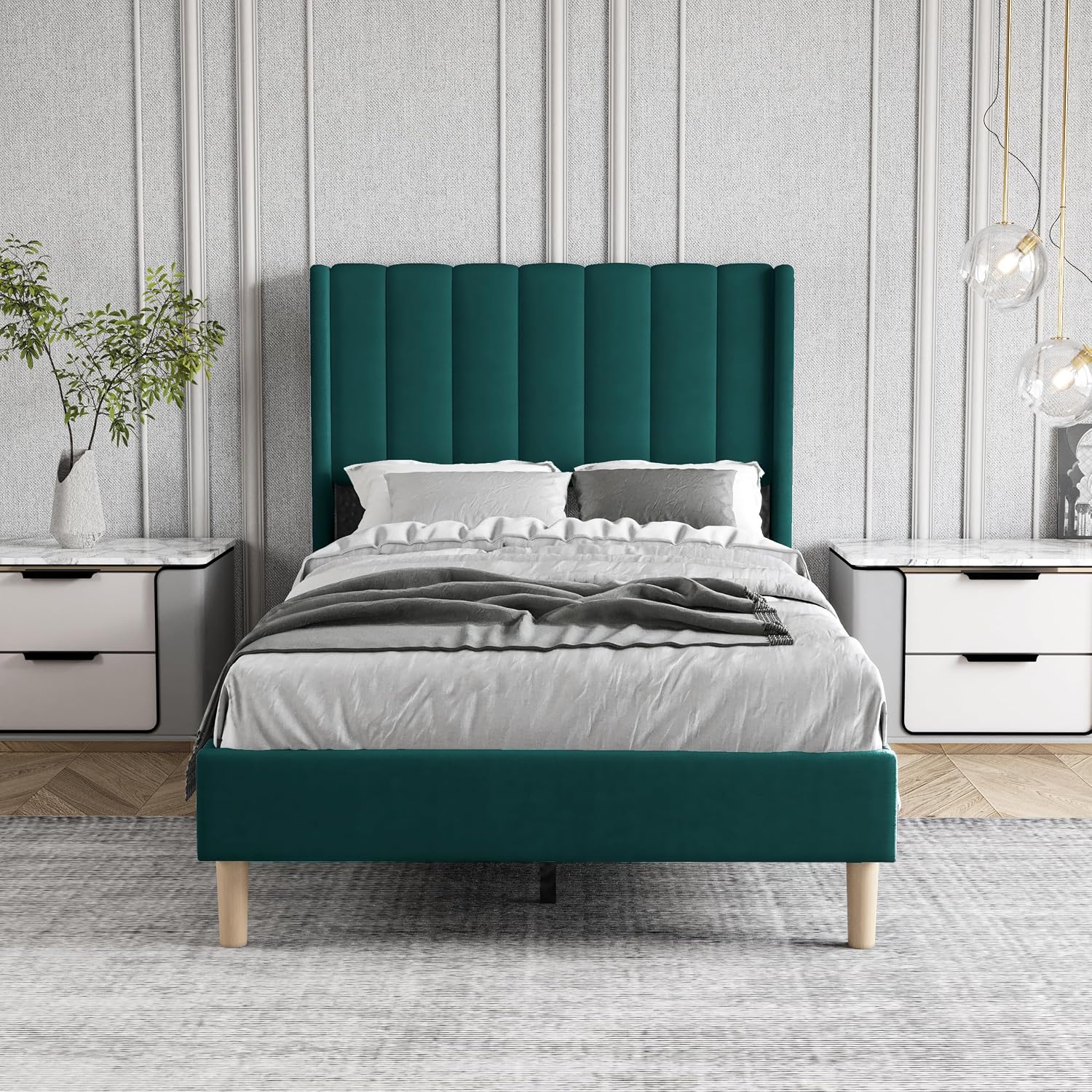 Twin Size Bed Frame with Headboard, Modern Upholstered Velvet Platform Bed, Heavy Duty Wooden Slats Support, No Box Spring Needed, Noise-Free & Easy Assembly, Green