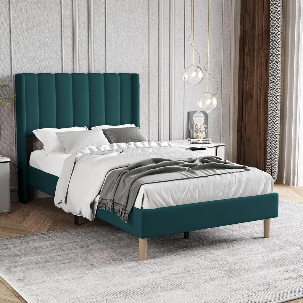 Twin Size Bed Frame with Headboard, Modern Upholstered Velvet Platform Bed, Heavy Duty Wooden Slats Support, No Box Spring Needed, Noise-Free & Easy Assembly, Green