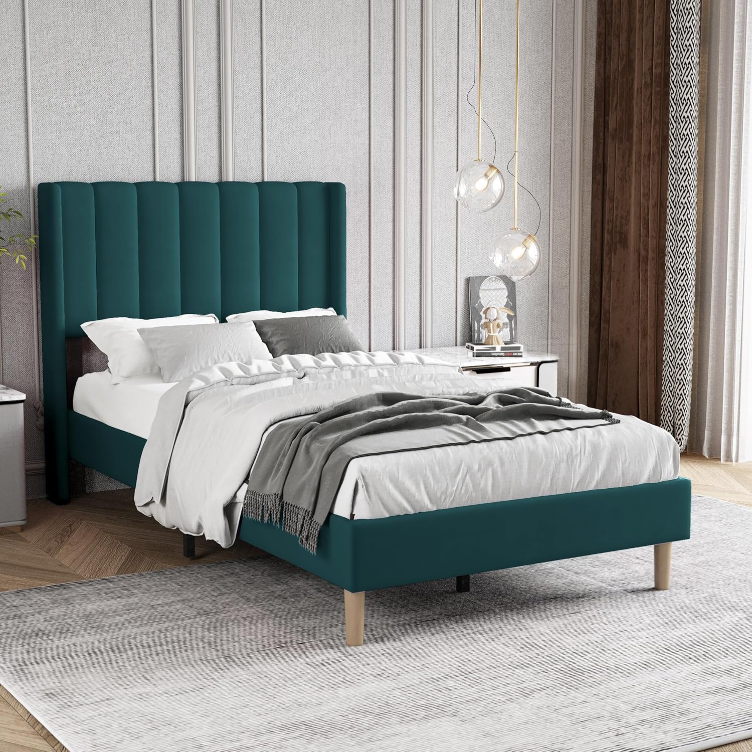 Twin Size Bed Frame with Headboard, Modern Upholstered Velvet Platform Bed, Heavy Duty Wooden Slats Support, No Box Spring Needed, Noise-Free & Easy Assembly, Green